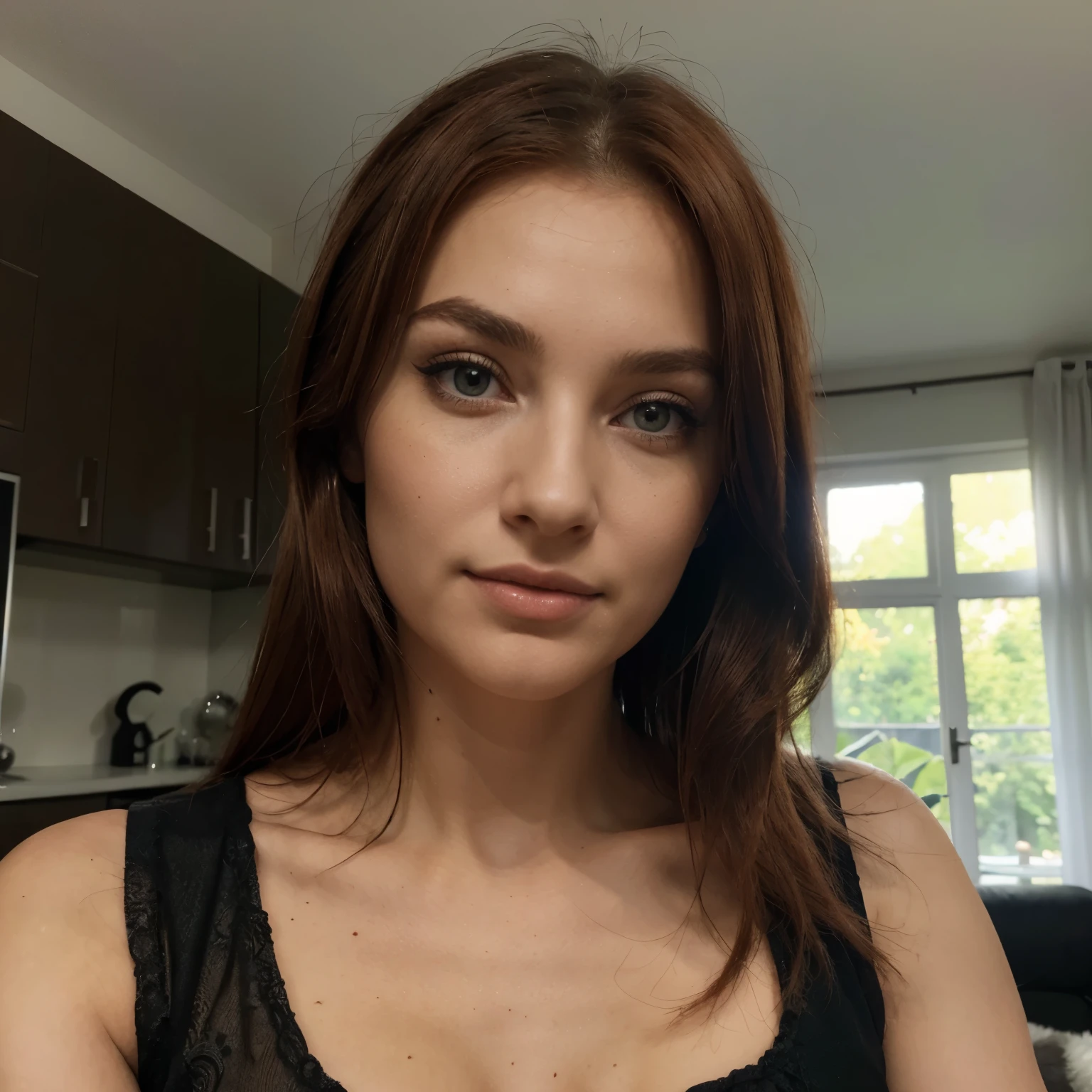 Girl with red hair sits in the living room, wears a dress, weiches, lockiges, intensiv rotes Haar, klare, real green eyes, lange dunkelschwarze echte Wimpern, Perfekt geformte dunkelschwarze echte Augenbrauen, dark caramel brown genuine leather, kurvige Figur, elegant thin real nose, kleine echte Ohren, volle echte Lippen, white real teeth, kleine, weiche, ladylike real hands, painted fingernails, high resolution, Meisterwerk, best quality, komplizierte hohe Detailgenauigkeit, Sehr detailliert, scharfer Fokus, detaillierte Haut, realistische Hautstruktur, echte Hautstruktur, detaillierte Augen, Fachmann, wahres Leben,  Fotorealismus, Fotografie, realistic Fotografie, UHD, Foto RAW
