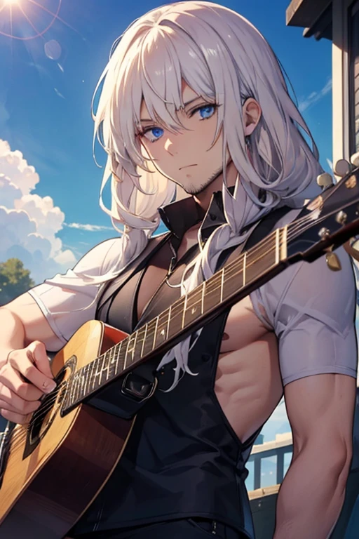 A muscular blonde haired man with blue eyes with long hair and a dark beard is playing guitar on a sunny day 