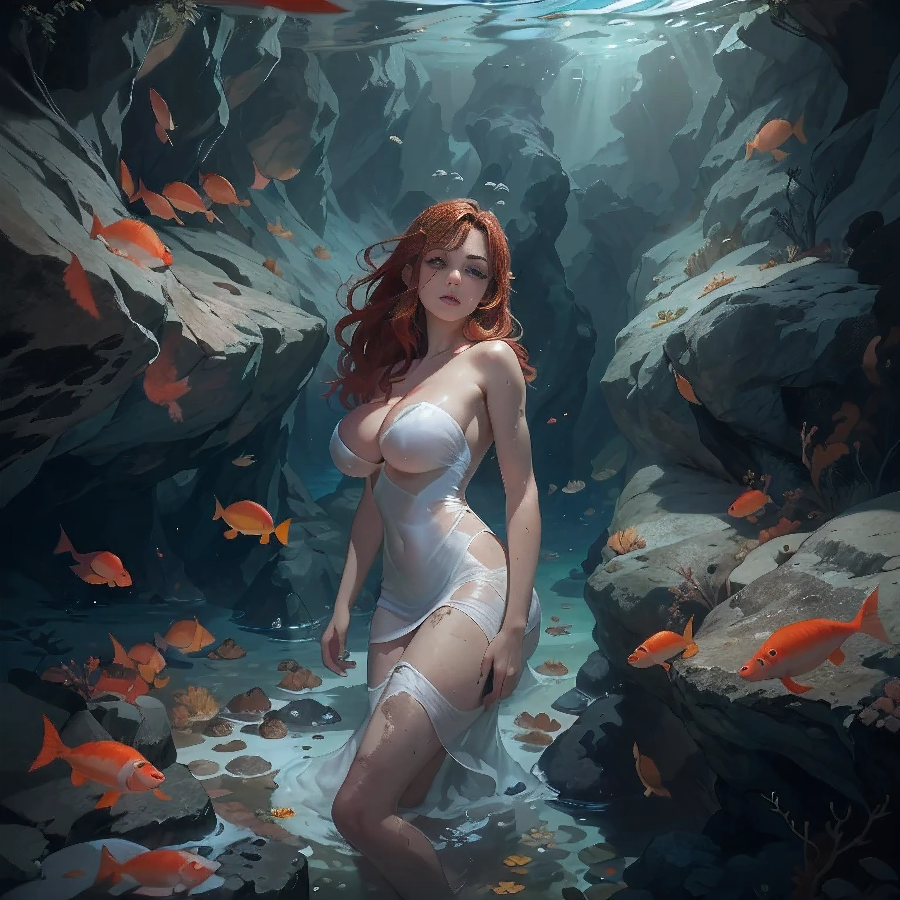 Beautiful redhead girl with giant boobs in a white shine through dress that swims out of a rock cave that is 15 feet underwater on the bottom of the Australian sea with lots of coral. her naked body is visible under the dress, nipples are big and hard. looking from above to the bottom, many fish and coral, dirty 1.4, photo realistic 1.2, naughty 1.2