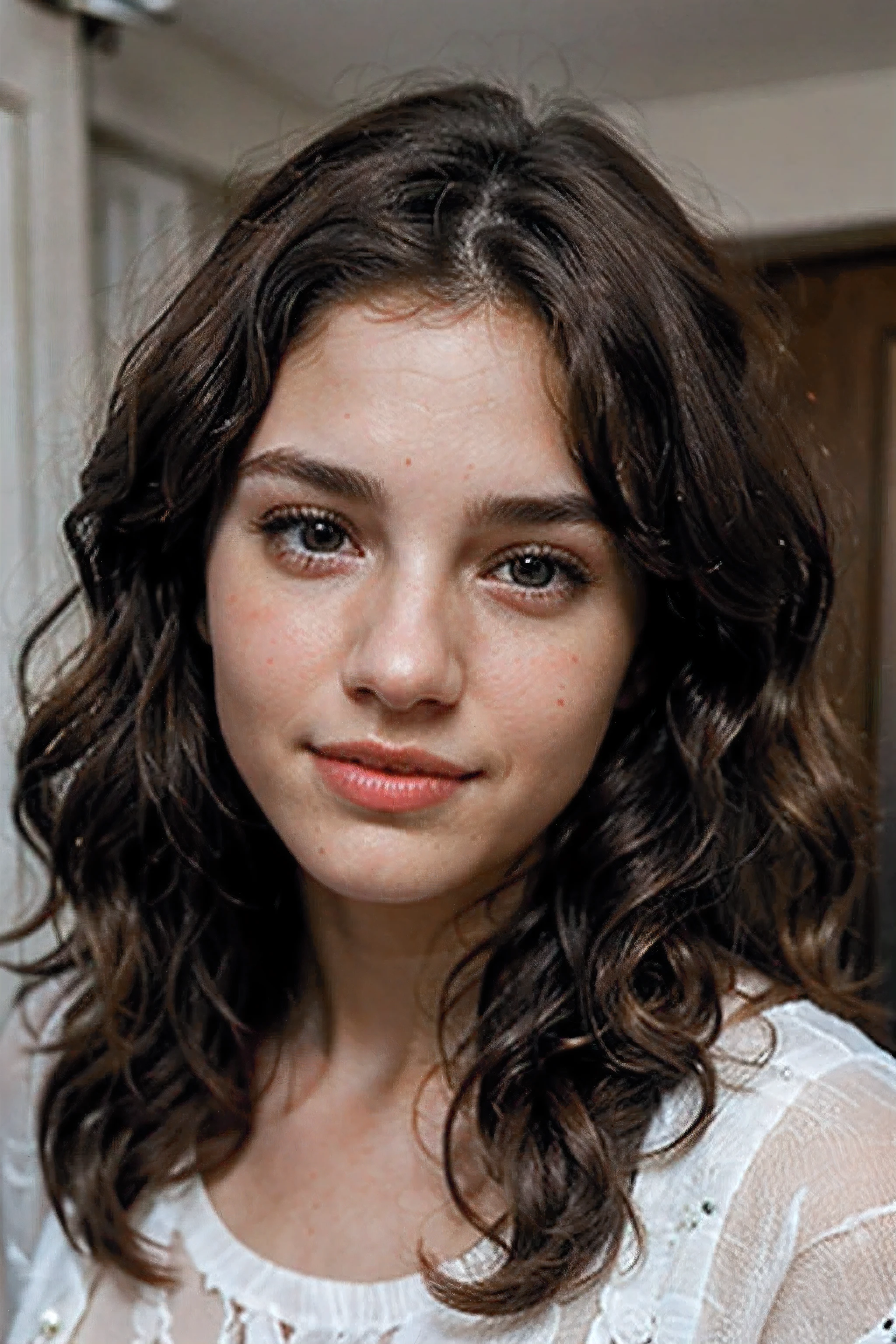 beautiful girl, 22yo, curly brown hair, cute face, photorealistic, 8k