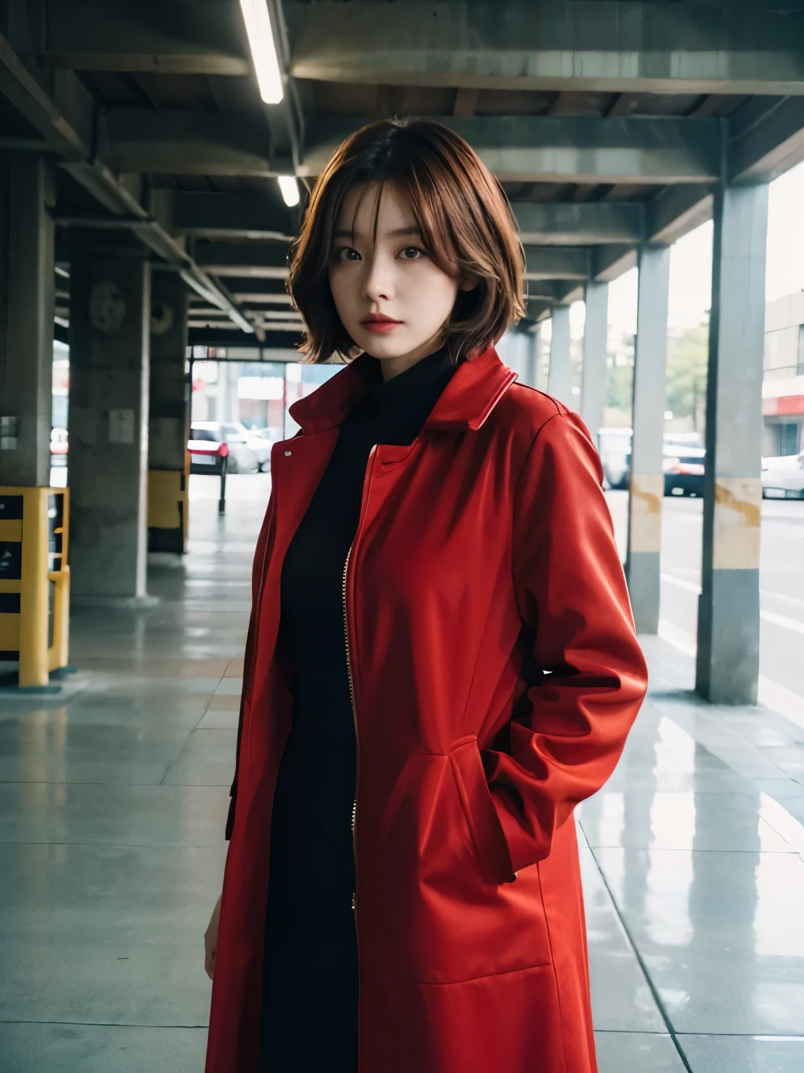 Bewitching eyes, well-balanced eyes, //street snap //wearing long red mod coat and red one piece long dress,//breast focus, ((facing viewer)), //at the Underground carpark, //japanese lady, pale skin, //droopy eyes,//short hair, //((standing)), high quality:1.3, Professional lighting:2.0 realistic:1.2, 4k resolution, detailed skin, masterpiece:1.1