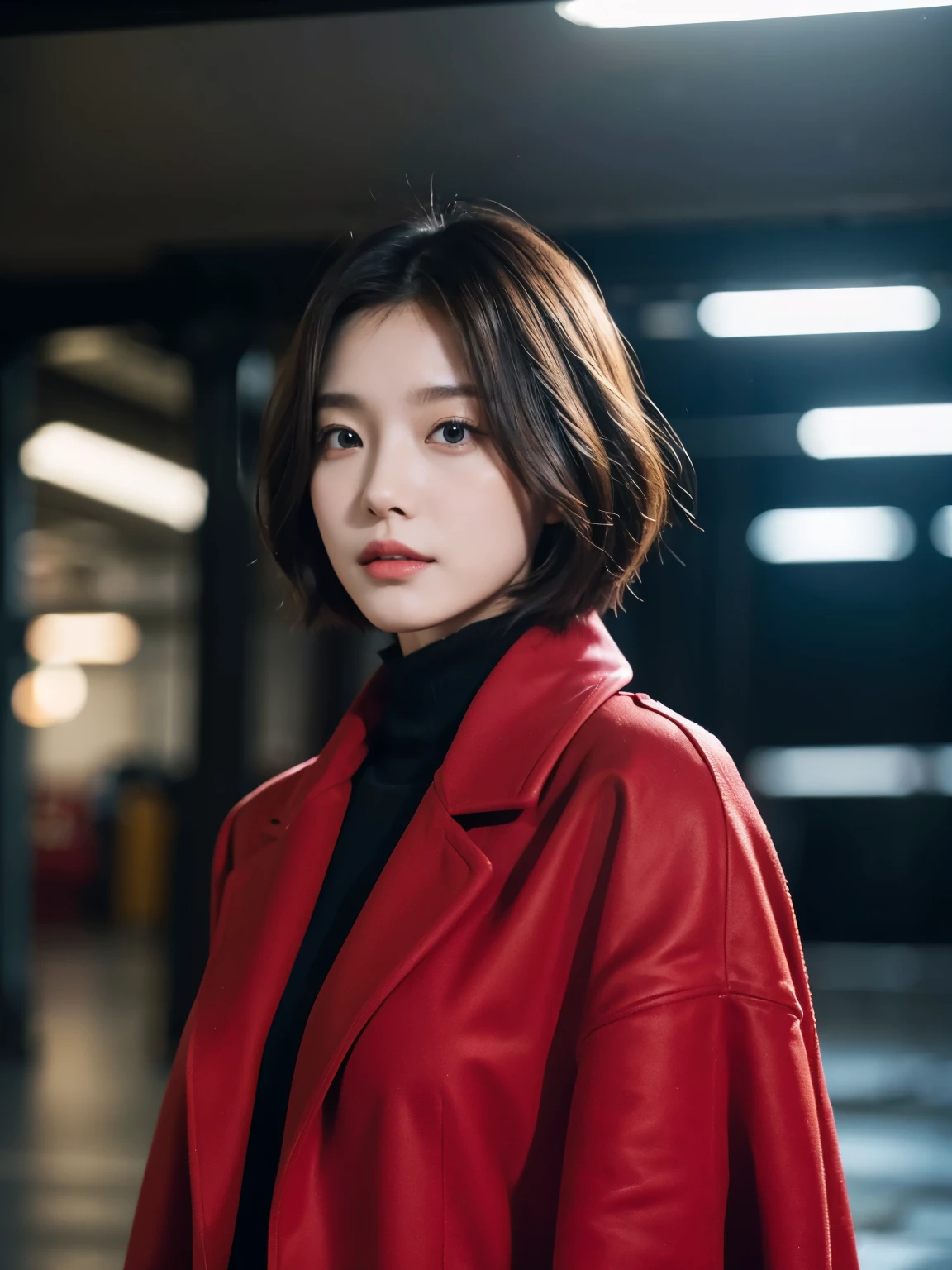 Bewitching eyes, well-balanced eyes, //street snap //wearing long red coat and red one piece long dress,//breast focus, ((facing viewer)), //at the Underground carpark, //japanese lady, pale skin, //droopy eyes,//short hair, //((standing)), high quality:1.3, Professional lighting:2.0 realistic:1.2, 4k resolution, detailed skin, masterpiece:1.1