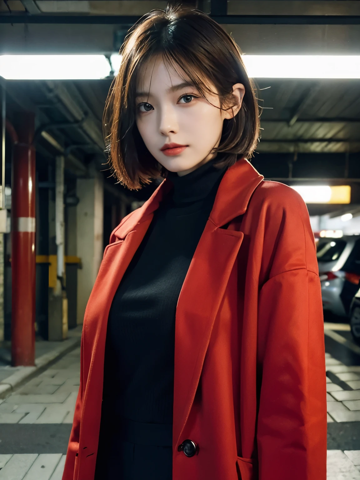 Bewitching eyes, well-balanced eyes, //street snap //wearing long red mod coat and parker,//breast focus, ((facing viewer)), //at the Underground carpark, //japanese lady, pale skin, //droopy eyes,//short hair, //((standing)), high quality:1.3, Professional lighting:2.0 realistic:1.2, 4k resolution, detailed skin, masterpiece:1.1