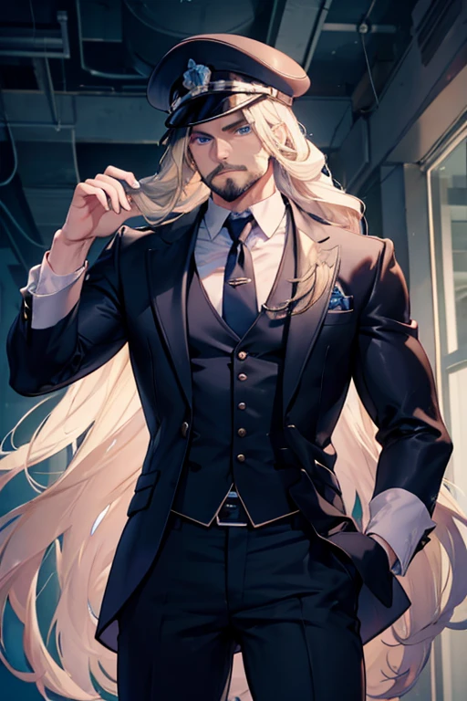 A muscular blonde haired male detective with blue eyes with long hair and a dark beard 