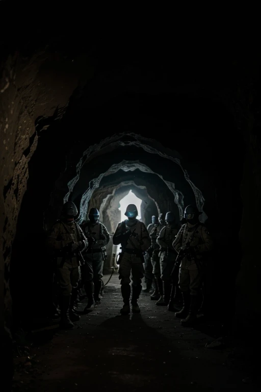 a group of Dutch masked soldiers entered a narrow dark cave, very dark cave, narrow cave, using flashlight, best quality, 4k, 8k, highres, masterpiece, ultra-detailed, realistic