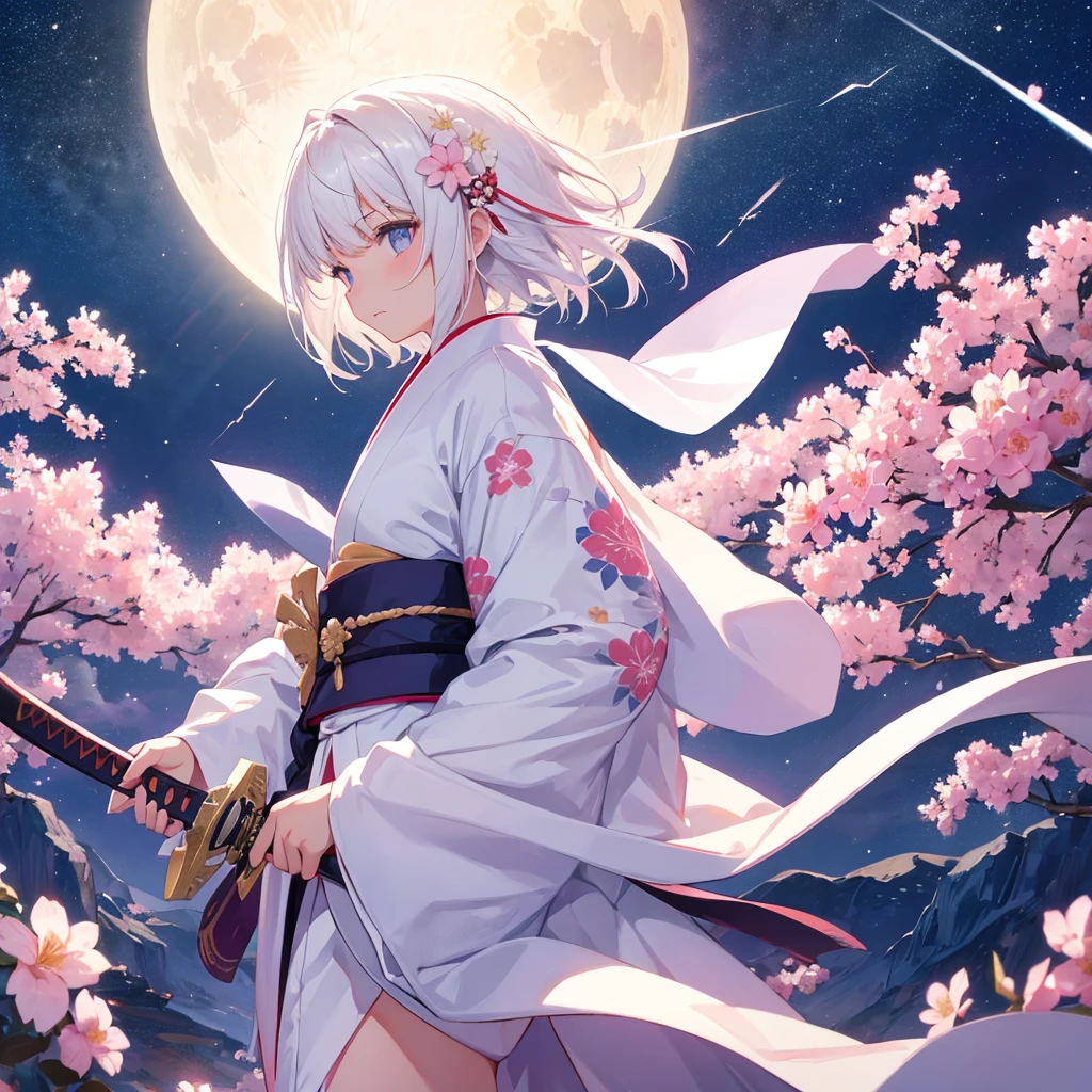 1girl, solo, short hair, bangs, hair ornament, long sleeves, holding, closed mouth, upper body, weapon, flower, white hair, outdoors, japanese clothes, sky, sword, cloud, hair flower, kimono, holding weapon, from side, sash, profile, night, holding sword, obi, floral print, moon, katana, cloudy sky, sheath, star (sky), night sky, pink flower, starry sky, sheathed, white kimono, mountain, crescent moon, mountainous horizon