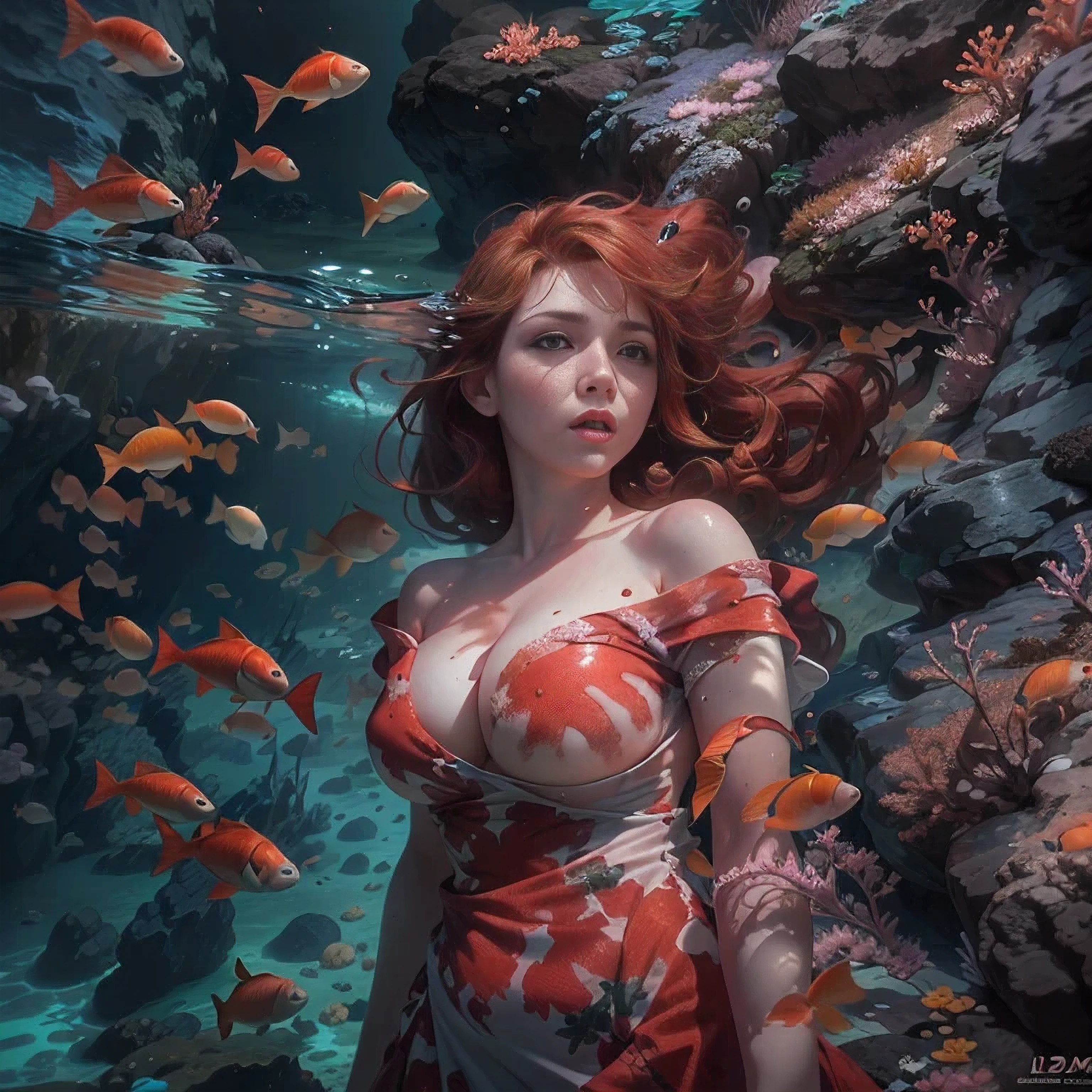 Beautiful redhead girl with giant boobs in a white shine through dress that swims out of a rock cave that is 15 feet underwater on the bottom of the Australian sea with lots of coral. her naked body is visible under the dress, nipples are big and hard but fish are swinging between the camera and her nipples so that you can't see them. looking from above to the bottom, many fish and coral, dirty 1.4, photo realistic 1.2, naughty 1.2, redlight is filtered away, except for her hair