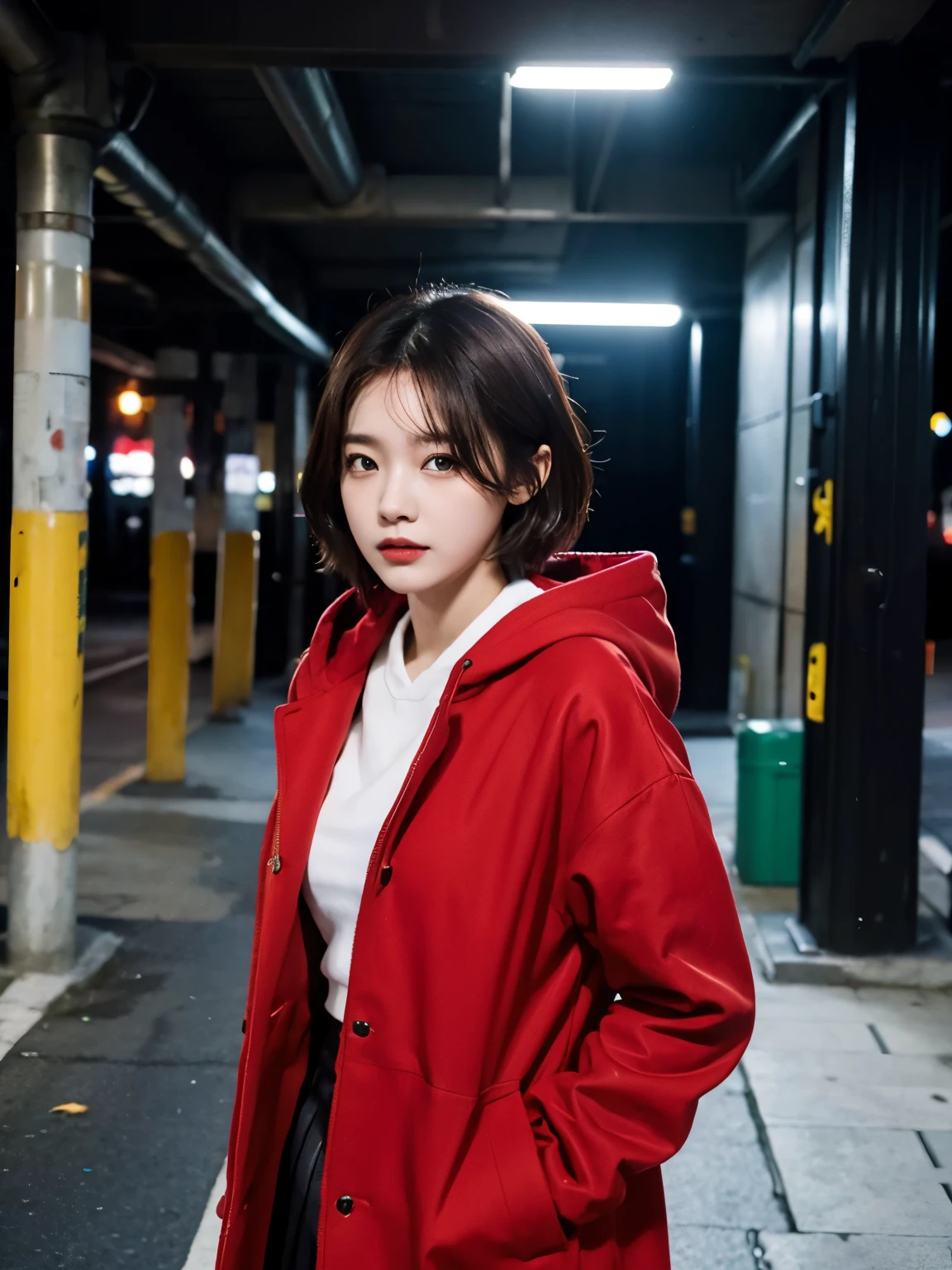 Bewitching eyes, well-balanced eyes, //street snap //wearing long red mod coat and hoodie and long skirts,//breast focus, ((facing viewer)), //at the Underground carpark, //japanese lady, pale skin, //droopy eyes,//short hair, //((standing)), high quality:1.3, Professional lighting:2.0 realistic:1.2, 4k resolution, detailed skin, masterpiece:1.1