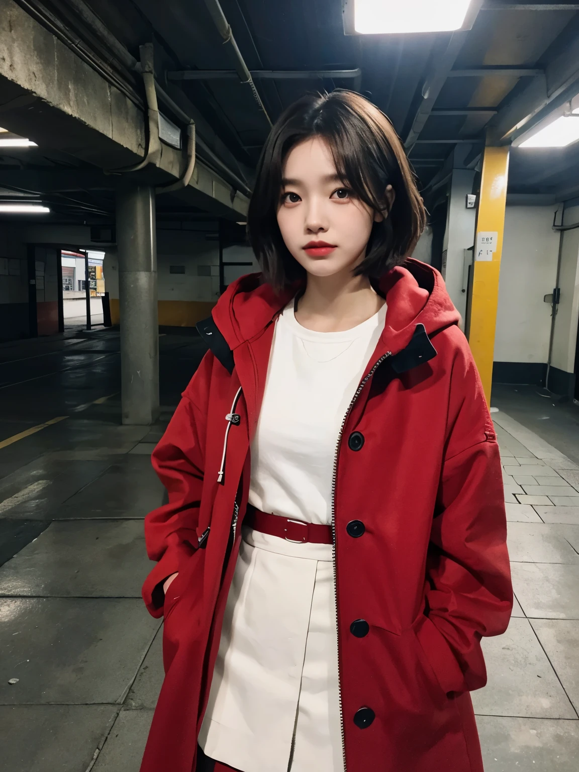 Bewitching eyes, well-balanced eyes, //street snap //wearing long red mod coat and hoodie and long skirts,//breast focus, ((facing viewer)), //at the Underground carpark, //japanese lady, pale skin, //droopy eyes,//short hair, //((standing)), high quality:1.3, Professional lighting:2.0 realistic:1.2, 4k resolution, detailed skin, masterpiece:1.1