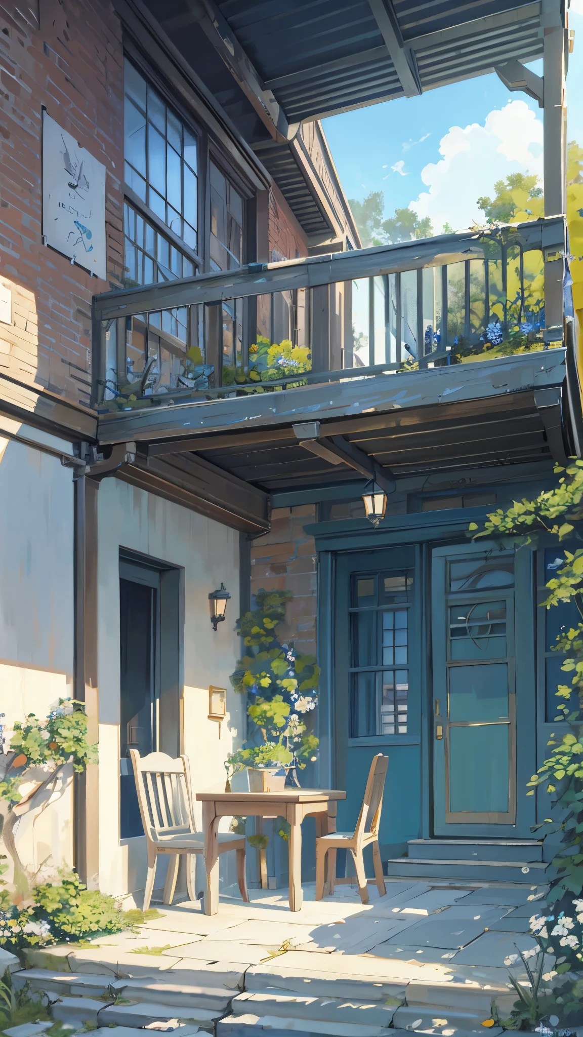 painting of a courtyard with a table and chairs and a bench, anime background art, relaxing concept art, anime scenery concept art, immensely detailed scene, a beautiful artwork illustration, detailed scenery —width 672, studio ghibli environment, highly detailed scene, environment design illustration, beautiful anime scene, ghibli studio style, anime scenery, detailed soft painting, environment painting