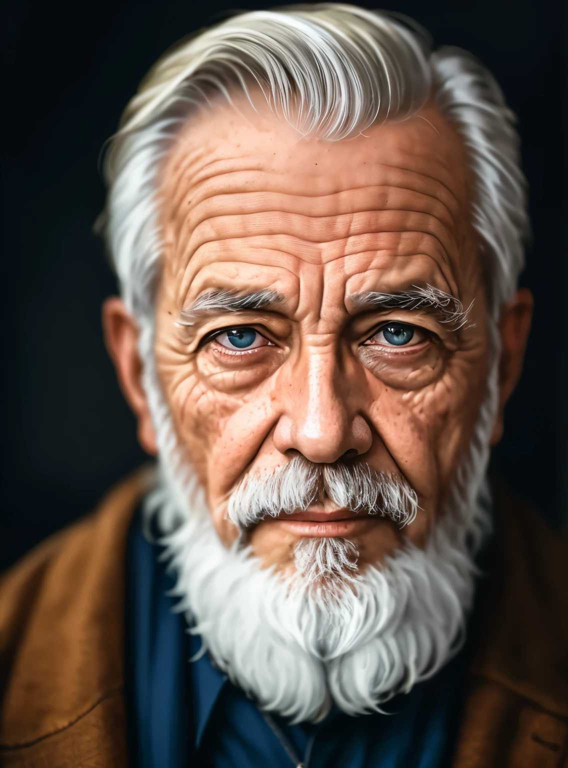 A portrait of a scholarly, ultra realistic, realism, 8k, bearded, wrinkled, aged, with piercing eyes, detailed face, high details, photography, dark studio, normal light, Nikon D850, 50mm, f/1.4