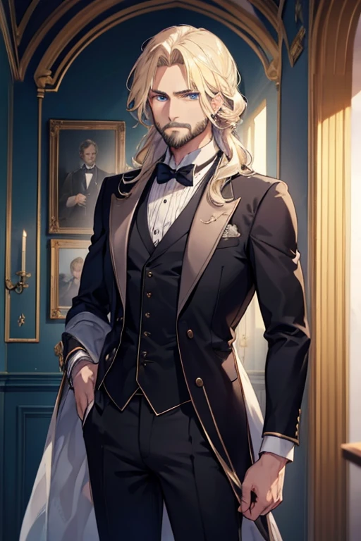 A muscular blonde haired male gentleman with blue eyes with long hair and a dark beard is wearing a victorian suit in an English town
