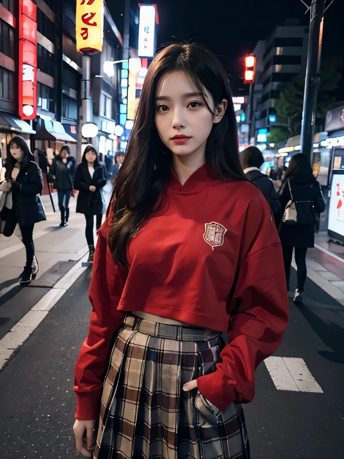 Bewitching eyes, well-balanced eyes, //street snap //wearing long red trackjakets and long skirts,//breast focus, ((facing viewer)), //at the street tokyo, //japanese lady, pale skin, //droopy eyes,//long hair, //((standing)), high quality:1.3, Professional lighting:2.0 realistic:1.2, 4k resolution, detailed skin, masterpiece:1.1