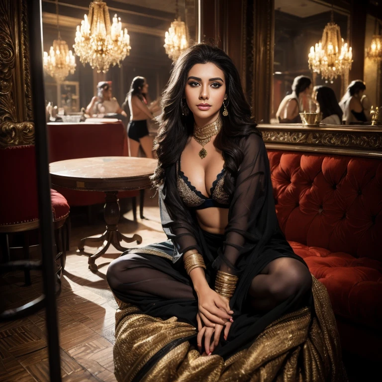 Portrait of A confident-looking indian princess wearing black bra with long flowing hair, hazel eyes, without flowing capes, Cleopatra fabric with laces, c-cup breasts, sitting in bar, bokeh, perfect composition, hyperrealistic, super detailed, 8k, high quality, trending art, trending on artstation, sharp focus, nude studio photo, intricate details, highly detailed, art by greg rutkowski