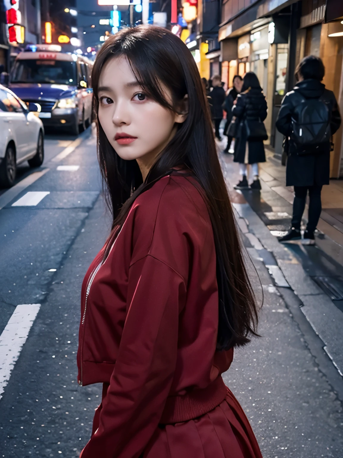 Bewitching eyes, well-balanced eyes, //street snap //wearing long red trackjakets and long skirts,//breast focus, ((facing viewer)), //at the street tokyo, //japanese lady, pale skin, //droopy eyes,//long hair, //((standing)), high quality:1.3, Professional lighting:2.0 realistic:1.2, 4k resolution, detailed skin, masterpiece:1.1