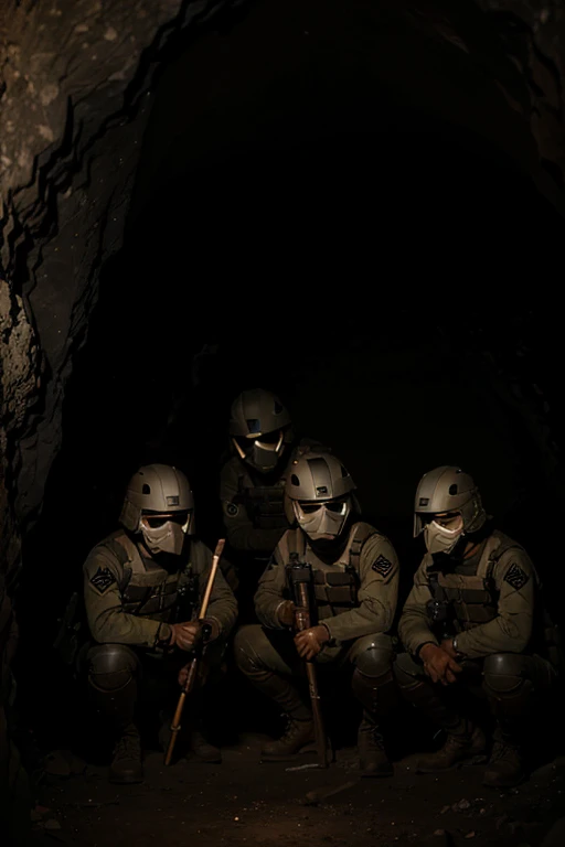soldiers in gas masks and gas masks are walking through a tunnel, film still from movie dune-2021, steampunk tribal mask, valerian, sand and desert environment, walrus, promotional image, movie still of a snarling, door gunner --auto --s2