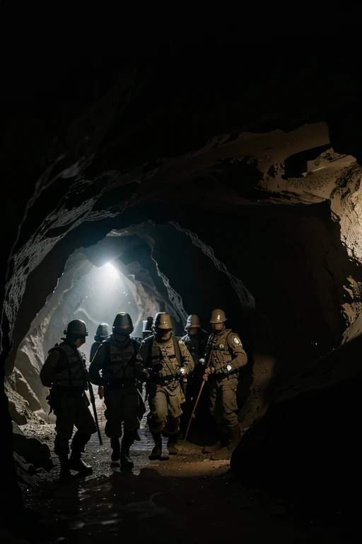 a group of Dutch masked soldiers digging a narrow dark cave, very dark cave, narrow cave, using flashlight, best quality, 4k, 8k, highres, masterpiece, ultra-detailed, realistic