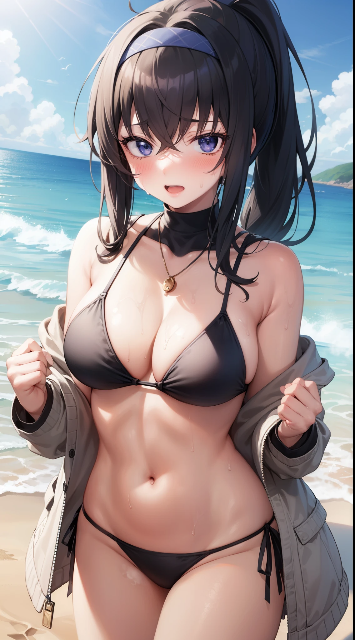 1girl,dark circles,Kozeki Ui,shaded,((black bikini)),blush,heavy breathing,steam,cleavage,((high ponytail)),pendant,sweating,bellybuttom,jacket half off shoulder,on beach,cover your chest with your hands