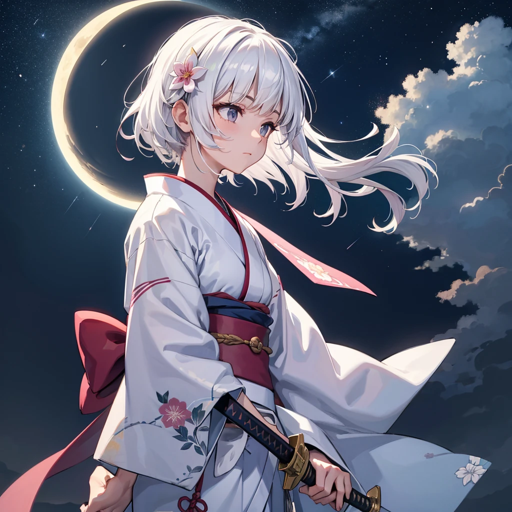 1girl, solo, short hair, bangs, hair ornament, long sleeves, holding, closed mouth, upper body, weapon, flower, white hair, outdoors, japanese clothes, sky, sword, cloud, hair flower, kimono, holding weapon, from side, sash, profile, night, holding sword, obi, floral print, moon, katana, cloudy sky, sheath, star (sky), night sky, pink flower, starry sky, sheathed, white kimono, mountain, crescent moon, mountainous horizon