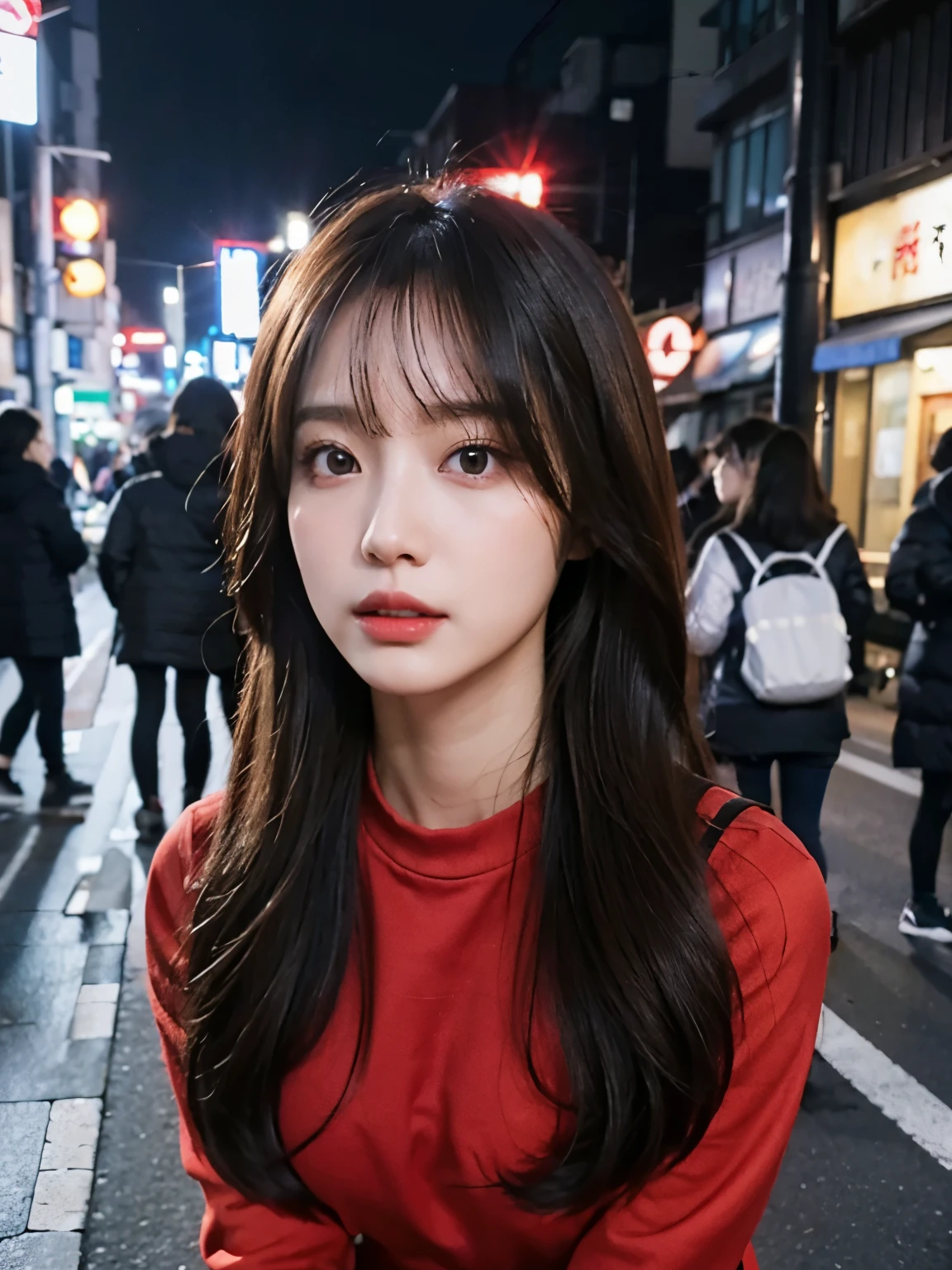 Bewitching eyes, well-balanced eyes, //street snap //wearing tight red trackjakets and long skirts,//breast focus, ((facing viewer)), //at the street tokyo, //japanese lady, pale skin, //droopy eyes,//long hair, //((standing)), high quality:1.3, Professional lighting:2.0 realistic:1.2, 4k resolution, detailed skin, masterpiece:1.1