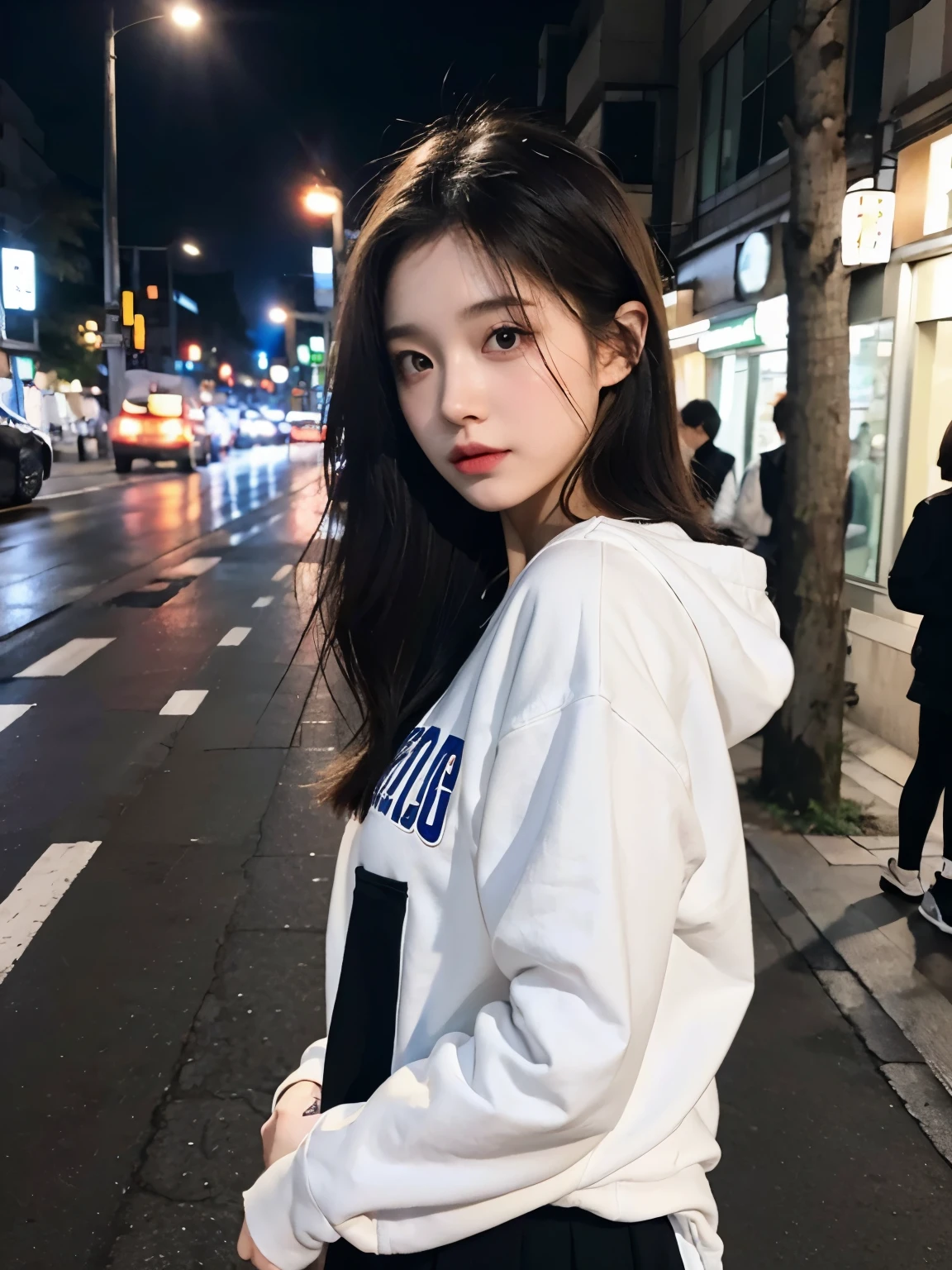 Bewitching eyes, well-balanced eyes, //street snap //wearing college sweatshirts and long skirts,//breast focus, ((facing viewer)), //at the street tokyo, //japanese lady, pale skin, //droopy eyes,//long hair, //((standing)), high quality:1.3, Professional lighting:2.0 realistic:1.2, 4k resolution, detailed skin, masterpiece:1.1