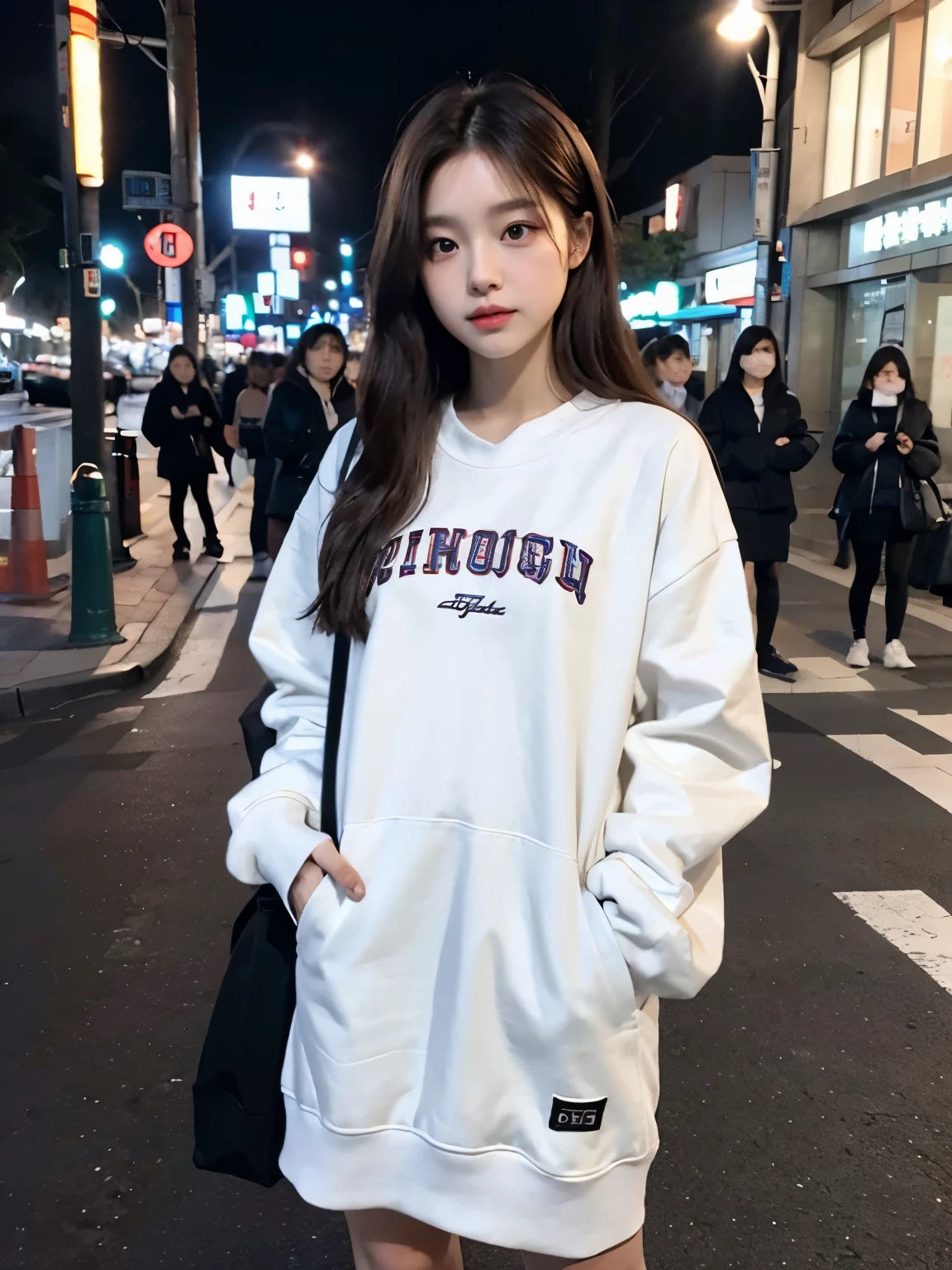 Bewitching eyes, well-balanced eyes, //street snap //wearing college sweatshirts and long skirts,//breast focus, ((facing viewer)), //at the street tokyo, //japanese lady, pale skin, //droopy eyes,//long hair, //((standing)), high quality:1.3, Professional lighting:2.0 realistic:1.2, 4k resolution, detailed skin, masterpiece:1.1