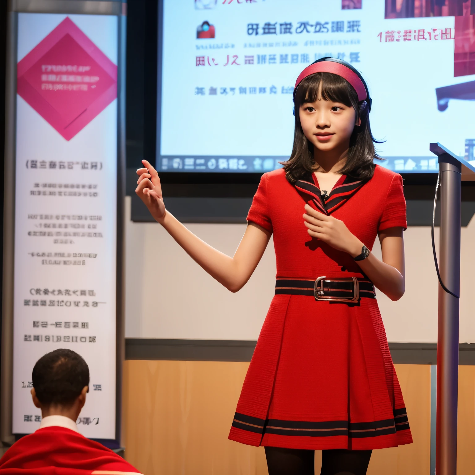 “Generate an image of a 12-year-old female middle school student standing at a podium, giving a presentation on artificial intelligence. She is wearing a red scarf and a dress with images related to artificial intelligence. The background should also include visuals related to AI. Use an AI image generation tool to bring this description to life.”