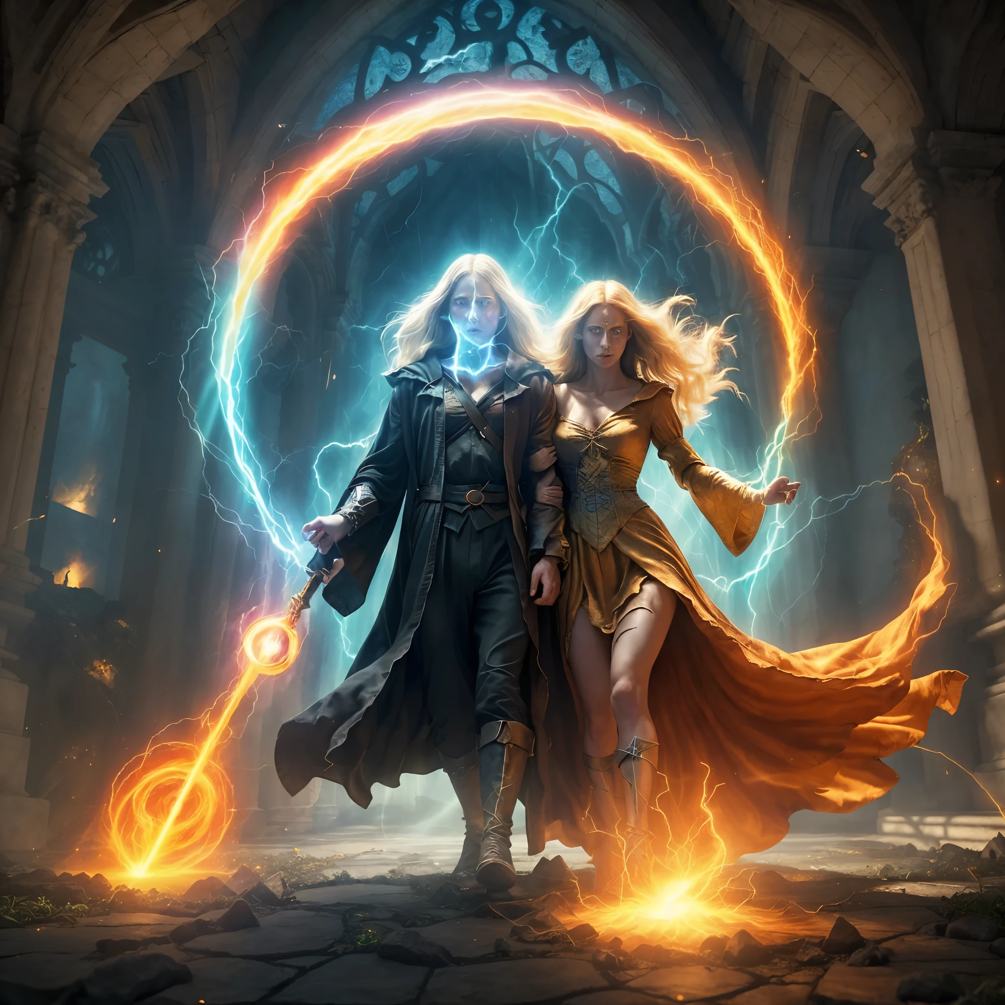 realista, High definition | ultra hdr, retrata um mago poderoso e sua companheira feiticeira, both young figures surrounded by a mystical atmosphere pulsing with the energy of power and love, manifestado em cores vibrantes. Your enchanting aura serves as a protective force, warding off darkness and protecting against malevolent forces in the shadows.