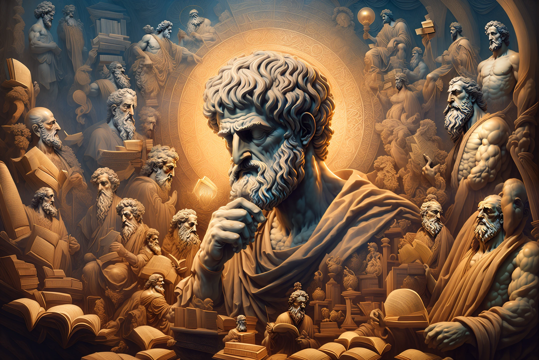 blurred image of a statue of a man with a beard and a book, godlike and stoic, stoicism, stoic attitude, por Kerembeyit, philosopher, Pintura de Dan Mumford, portrait of aristotle, stoic, PJ bandido, Direction: Dan Mumford, estilo dan mumford e alex grey, Kerem couplet, stoic pose