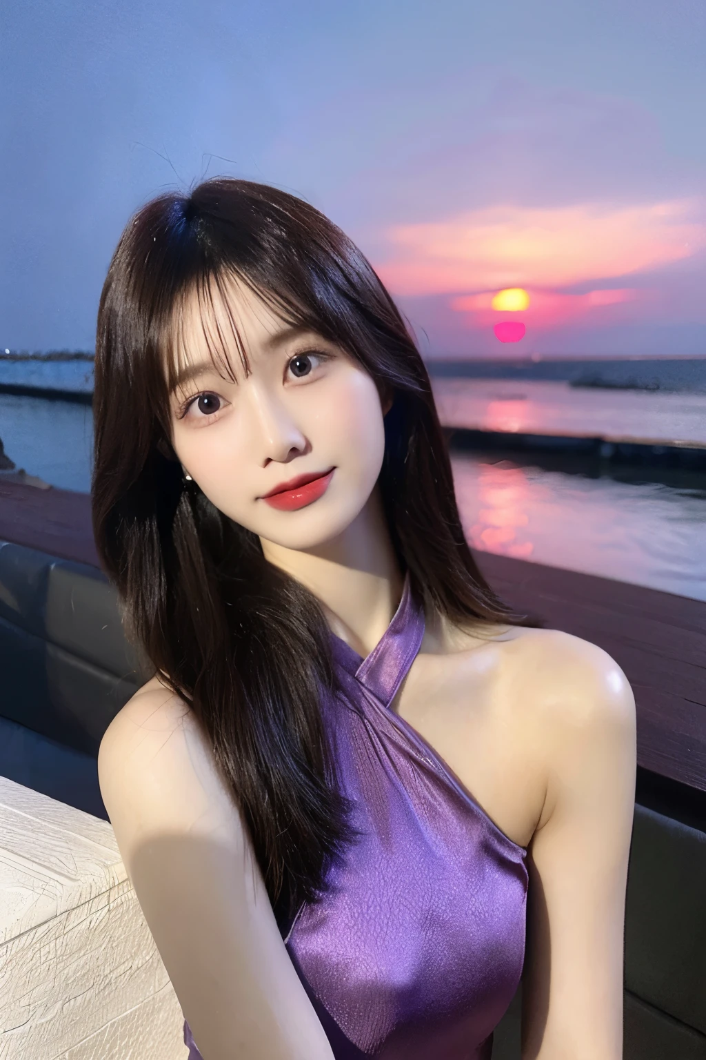 Long hair to waist,Chinese beauty,20 years old,Height 160,Weight 40kg,fairer complexion,Oval face,Deep facial features,Wearing a purple short dress,Hair color reddish brown,Smile,Half body photo,Beach sunset in the background