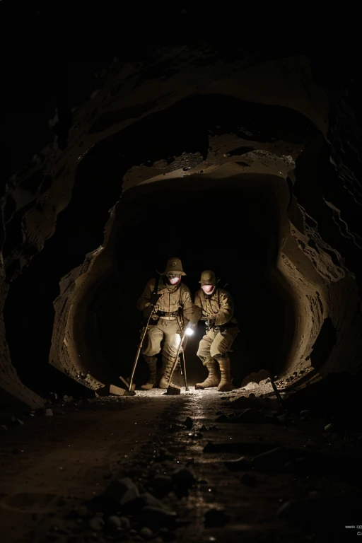a group of Dutch masked soldiers digging a narrow dark cave, very dark cave, 1940s, narrow cave, using flashlight, best quality, 4k, 8k, highres, masterpiece, ultra-detailed, realistic