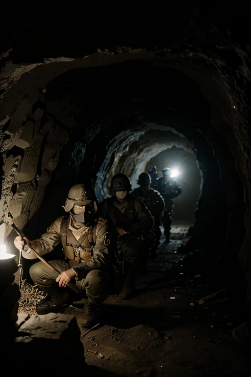 a group of Dutch masked soldiers digging a narrow dark cave, very dark cave, 1940s, narrow cave, using flashlight, best quality, 4k, 8k, highres, masterpiece, ultra-detailed, realistic