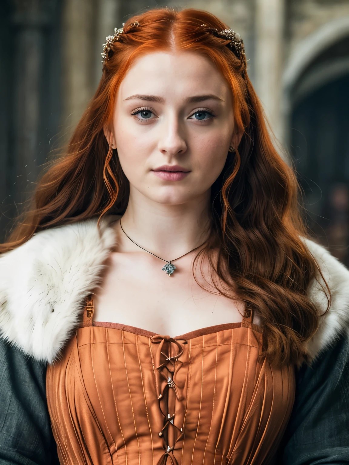 Foto RAW, Sansa Stark PLAYED BY SOPHIE TURNER Ned and Cat's oldest daughter. Demure and ladylike, her dream to marry Prince Joffrey. Her direwolf named Lady , Game of Thrones Series, (pele altamente detalhada: 1.2), 8k UHD, DSLR, soft-lighting, alta qualidade, grain of film, Fujifilm XT3