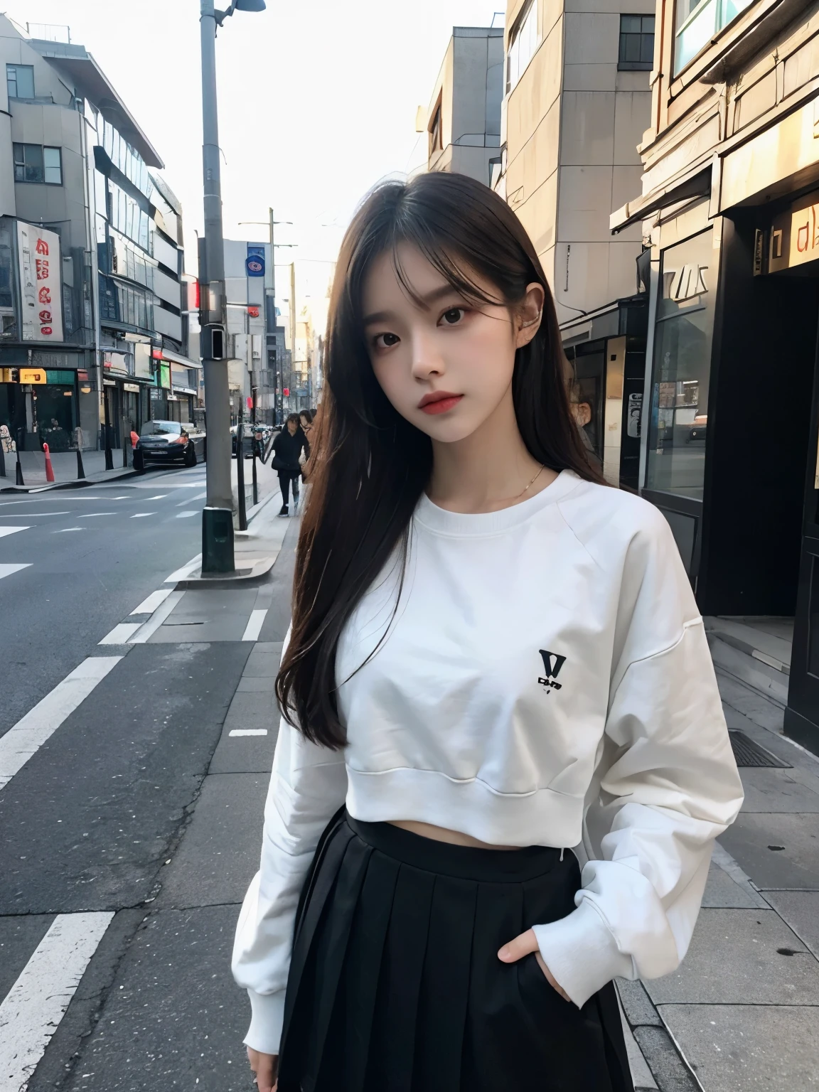 masterpiece,Highest Quality,(Darkened photos:1,realisitic,1Girl,Flatbang,Stunning innocent symmetrical face,sweatshirt,sensitivity,Erchan,(pureerosface_v1:0.7), 27 years old, office, a desk, computers, Long hair