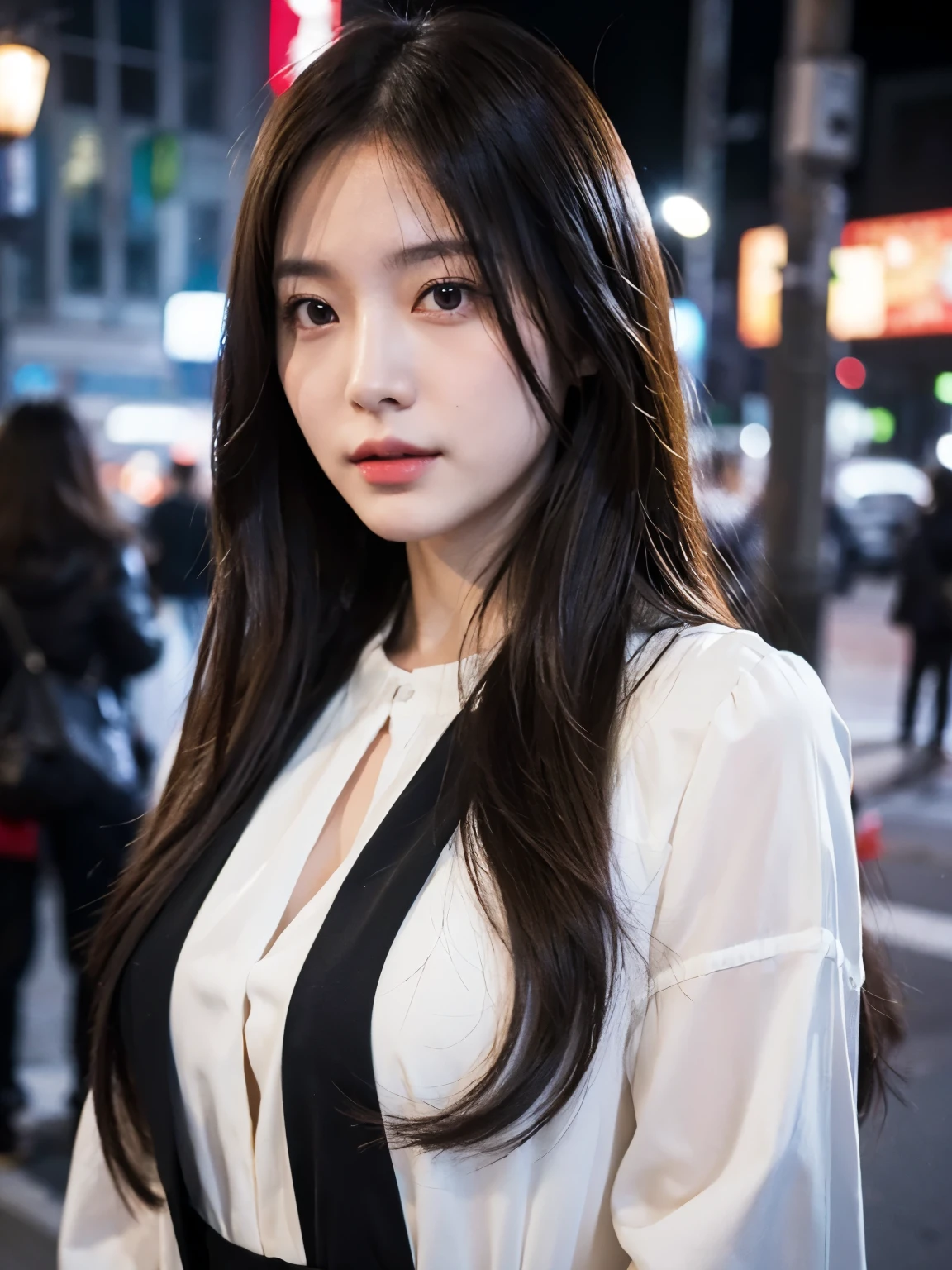 Bewitching eyes, well-balanced eyes, //street snap //wearing gucci, setup//breast focus, ((facing viewer)), //at the street tokyo, //japanese lady, pale skin, //droopy eyes,//long hair, //((standing)), high quality:1.3, Professional lighting:2.0 realistic:1.2, 4k resolution, detailed skin, masterpiece:1.1