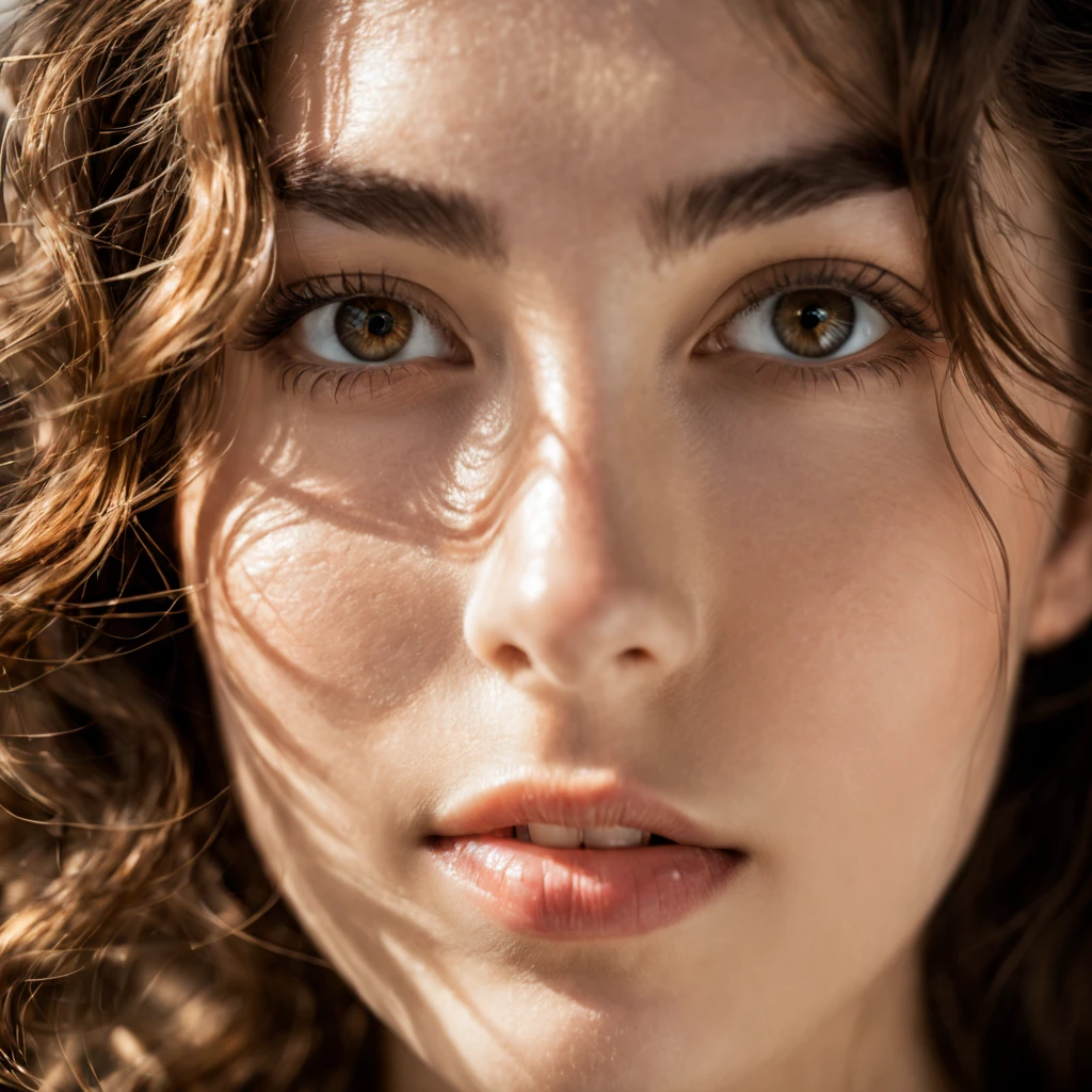 ((full body )) portrait photo of a beautiful 25 years old european woman, endless long (extra long curly brown hair), Award - winning photograph, Masterpiece, 8k, ultra high res, hyper detailed, beautiful woman, perfect face, rule of thirds, Perfect eyes, Perfect iris, perfect pupils, (perfectly round iris:1.3), Perfect lips, Perfect teeth, dimples, perfect nose, highly detailed hair, ((detailed face)), ((detailed facial features)), (finely detailed skin), pale skin, realistic skin texture, extreme skin details, (pores:0.1),(sweaty:0.8), insane details, intricate details, amazing fine detail, photorealistic, photograph, photorealism, rich colors, lifelike texture, neutral colors, Soft front light,cinematic lighting, dramatic lighting,dappled light on face, backlight on hair, sharp focus, wide angle, film grain, dslr, raw photo, photographed on Nikon