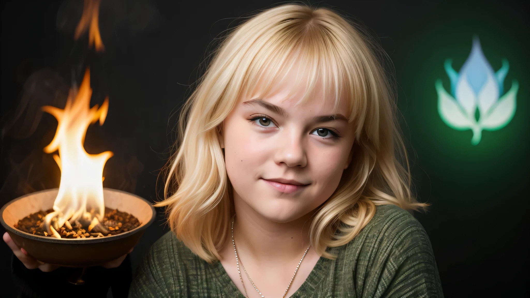 blonde children girl jack black shining, fundo de fogo verde fogo.