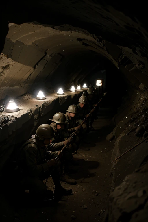 a group of Dutch masked soldiers digging a narrow dark cave, very dark cave, 1940s, narrow cave, using flashlight, best quality, 4k, 8k, highres, masterpiece, ultra-detailed, realistic