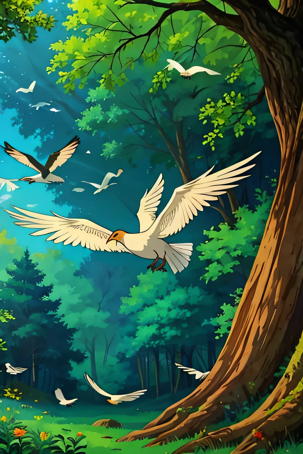 birds of different colors flying through a forest in cartoon style