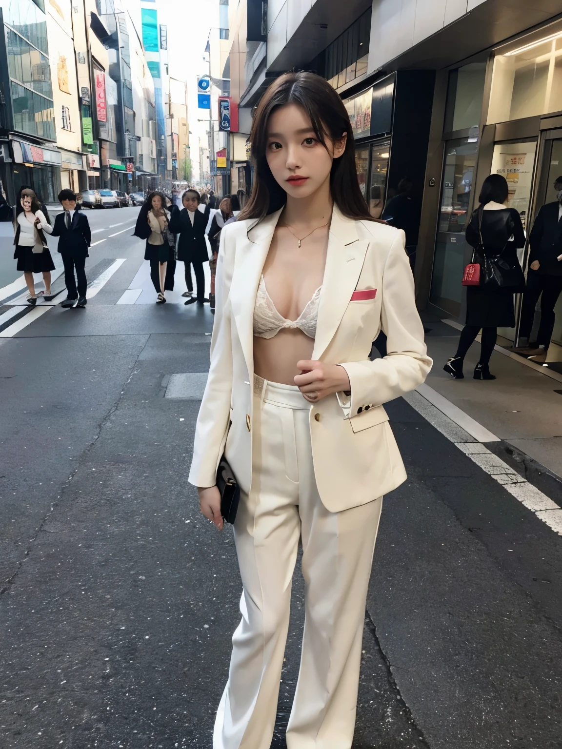 fashion model posing, fullbody, Bewitching eyes, well-balanced eyes, //street snap //wearing gucci multicolor setup suit,//breast focus, ((facing viewer)), //at the street tokyo, //japanese lady, pale skin, //droopy eyes,//long hair, //((standing)), high quality:1.3, Professional lighting:2.0 realistic:1.2, 4k resolution, detailed skin, masterpiece:1.1