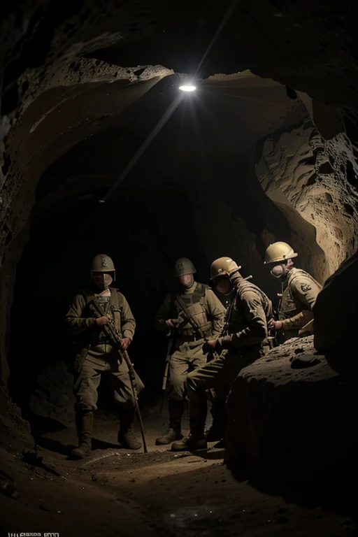 a group of Dutch masked soldiers dig a narrow dark cave, very dark cave, 1940s, narrow cave, using flashlight, best quality, 4k, 8k, highres, masterpiece, ultra-detailed, realistic