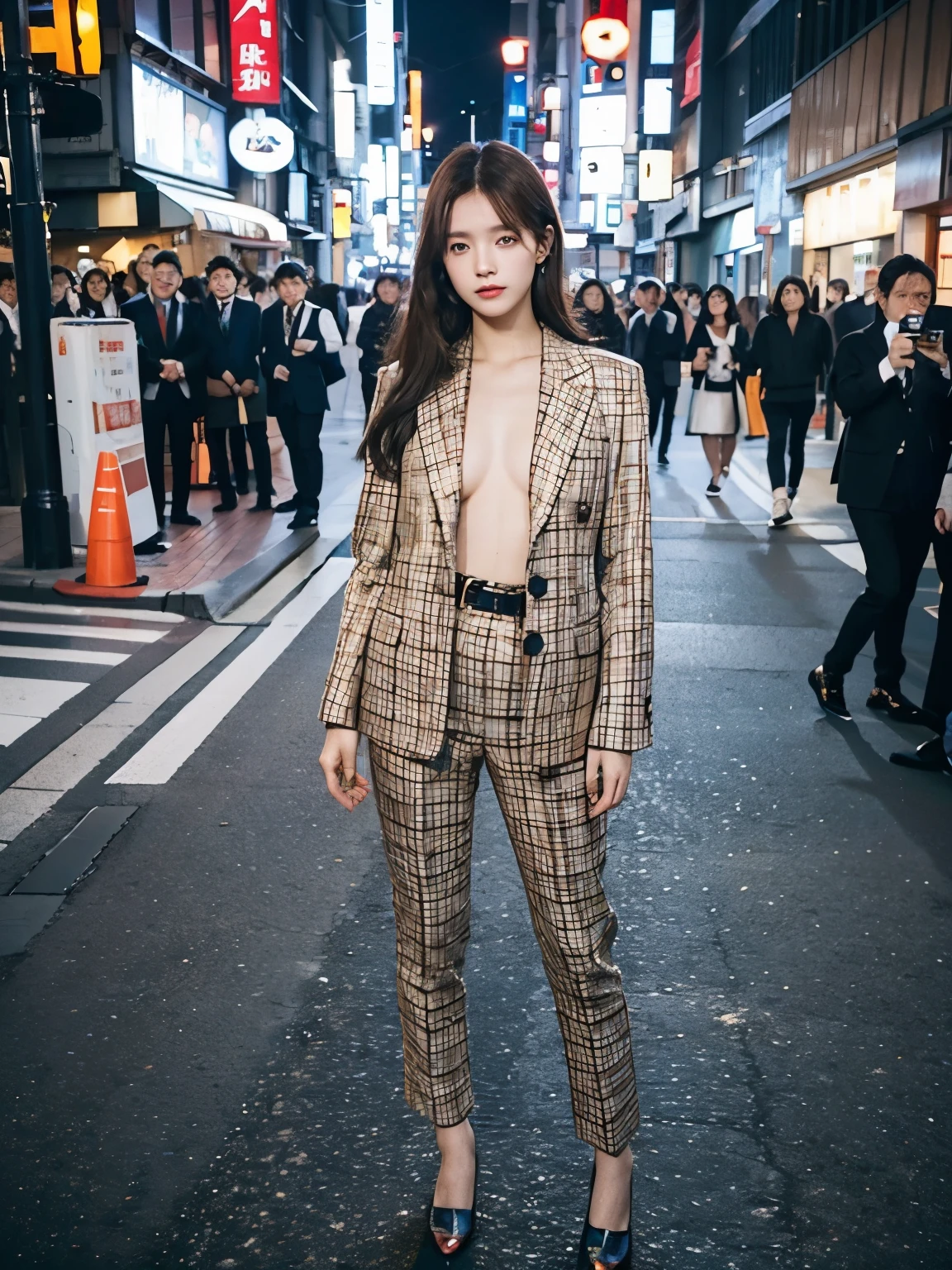 fashion model posing, fullbody, Bewitching eyes, well-balanced eyes, //street snap //wearing gucci multicolor setup suit,//breast focus, ((facing viewer)), //at the street tokyo, //japanese lady, pale skin, //droopy eyes,//long hair, //((standing)), high quality:1.3, Professional lighting:2.0 realistic:1.2, 4k resolution, detailed skin, masterpiece:1.1
