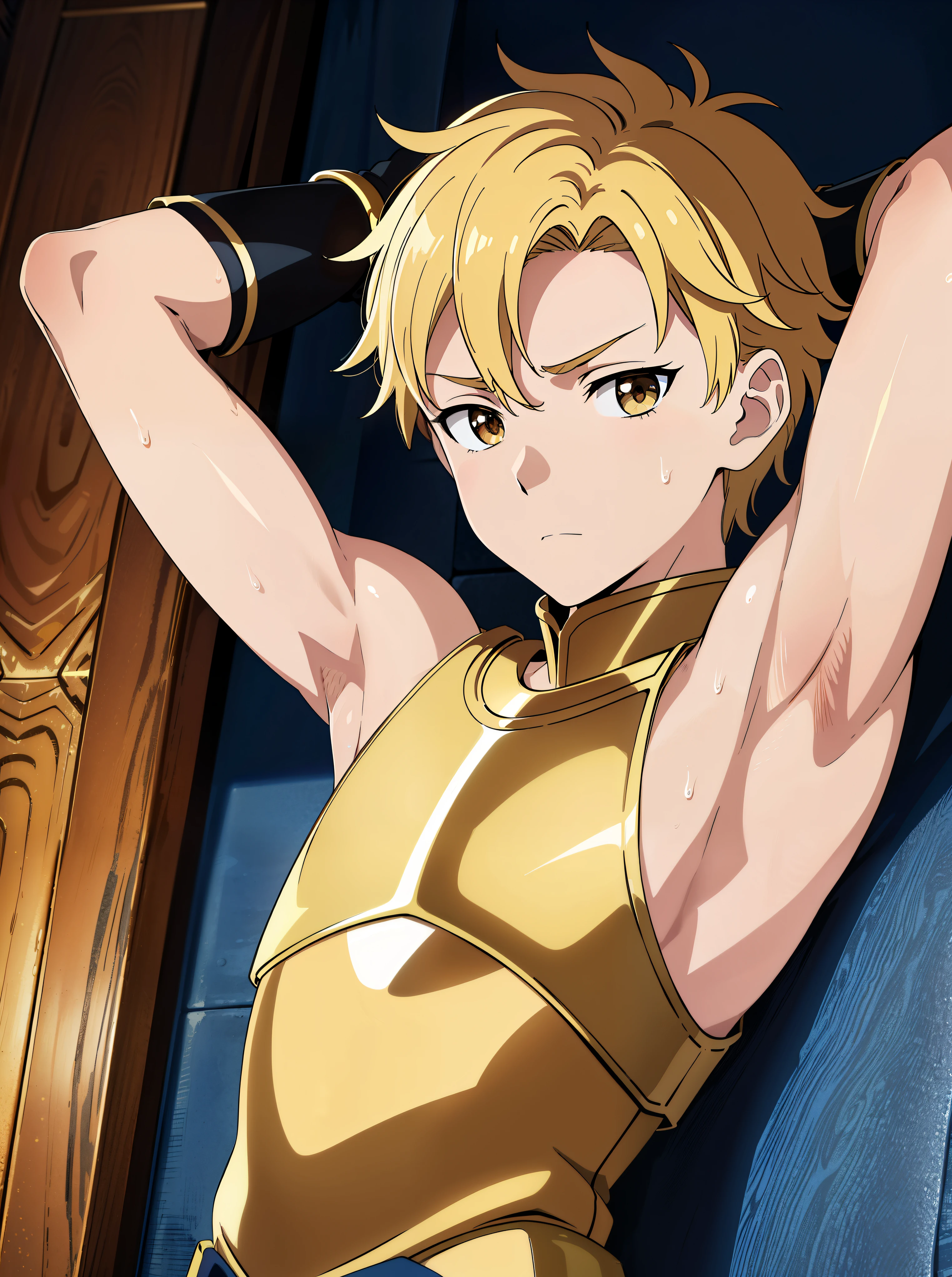 Highres, Masterpiece, Best quality at best,Best Quality,hight quality, hight detailed, 1boy, Shota, Gold armor, sleeveless armor, Body only, hansome, Sweat, ( boy), 12-ye-olys, (wing two armpits:1.4)