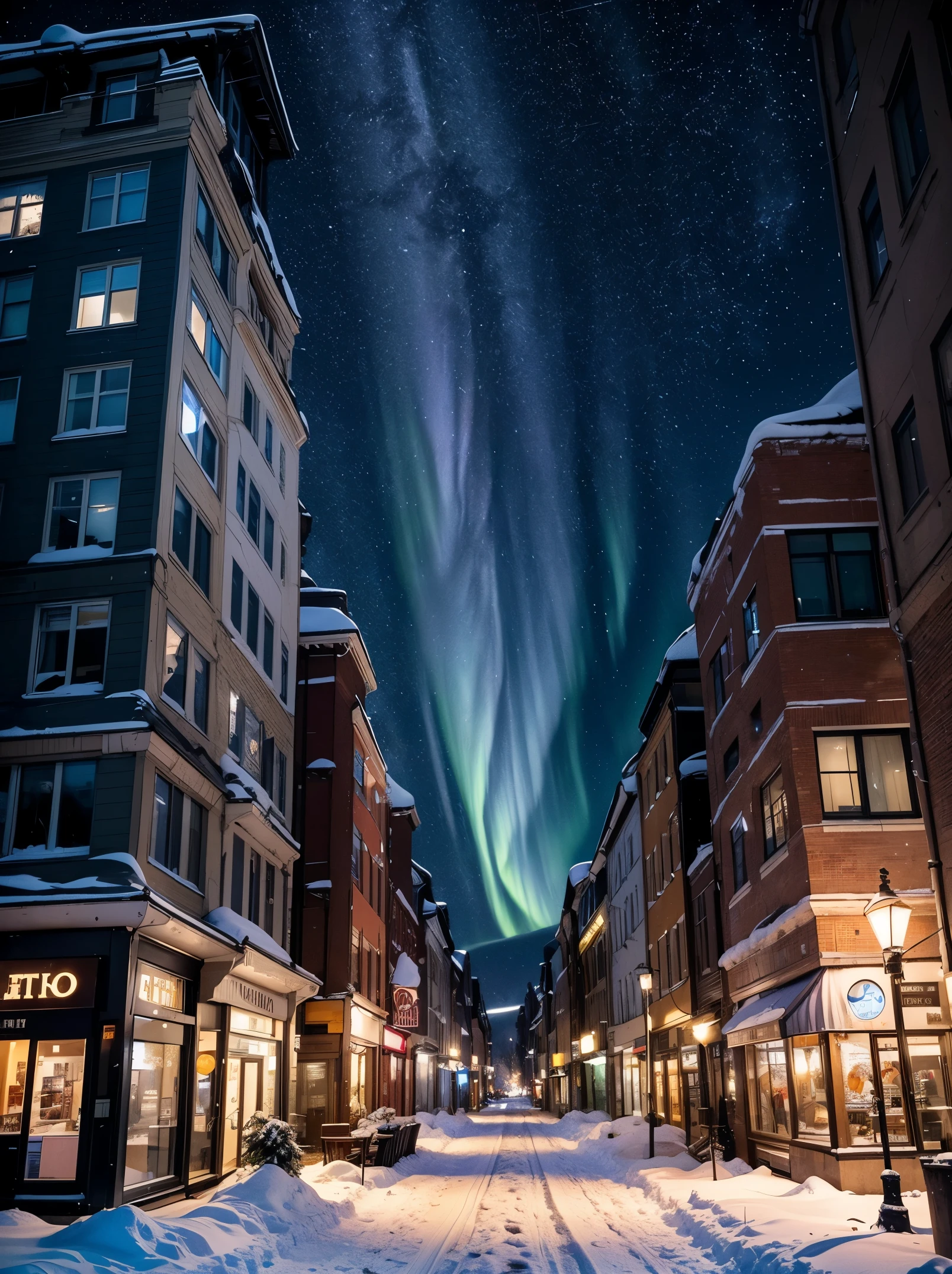 Masterpiece, ultra detailed. Create a city street scene on a snowy day, starry night sky, northern lights. the buildings tinted with soft blue hues. Falling snow. Blurry foreground, from ground.
