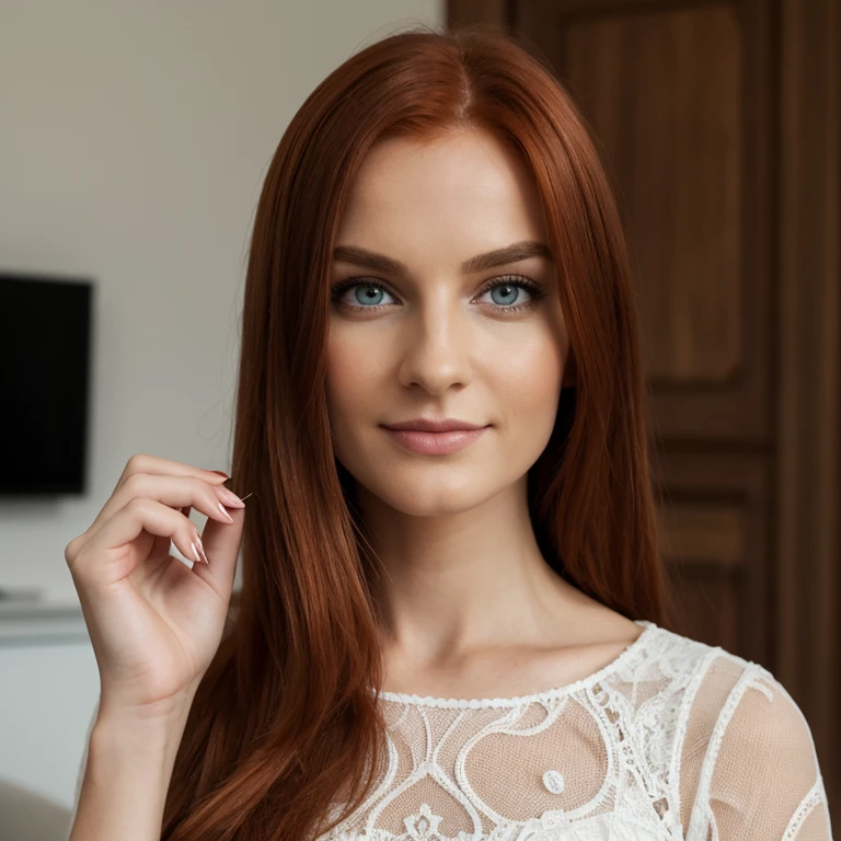 Girl with red hair sits in the living room, wears a dress, weiches, lockiges, intensiv rotes Haar, klare, real green eyes, lange dunkelschwarze echte Wimpern, Perfekt geformte dunkelschwarze echte Augenbrauen, dark caramel brown genuine leather, kurvige Figur, elegant thin real nose, kleine echte Ohren, volle echte Lippen, white real teeth, kleine, weiche, painted fingernails, high resolution, Meisterwerk, best quality, komplizierte hohe Detailgenauigkeit, Sehr detailliert, scharfer Fokus, detaillierte Haut, realistische Hautstruktur, echte Hautstruktur, detaillierte Augen, Fachmann, wahres Leben, Fotorealismus, Fotografie, realistic Fotografie, UHD, Foto RAW