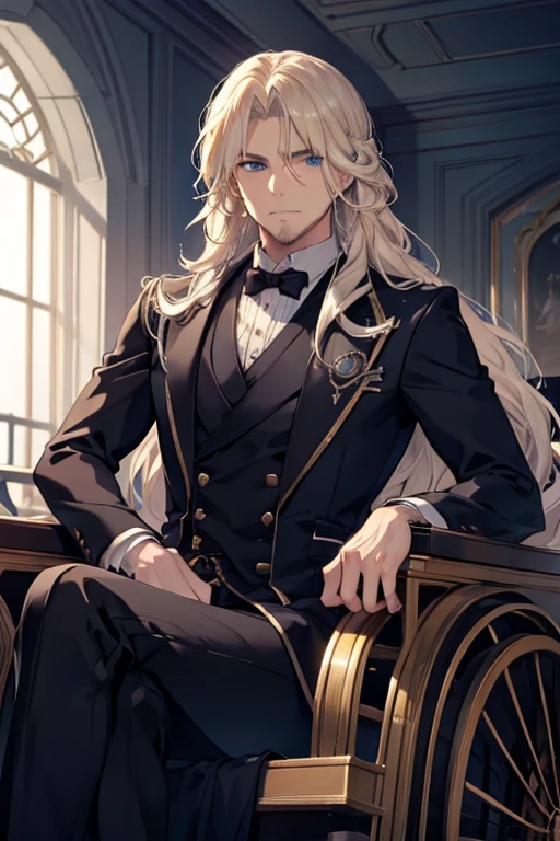 A muscular blonde haired male gentleman with blue eyes with long hair and a dark beard is sitting in a carriage