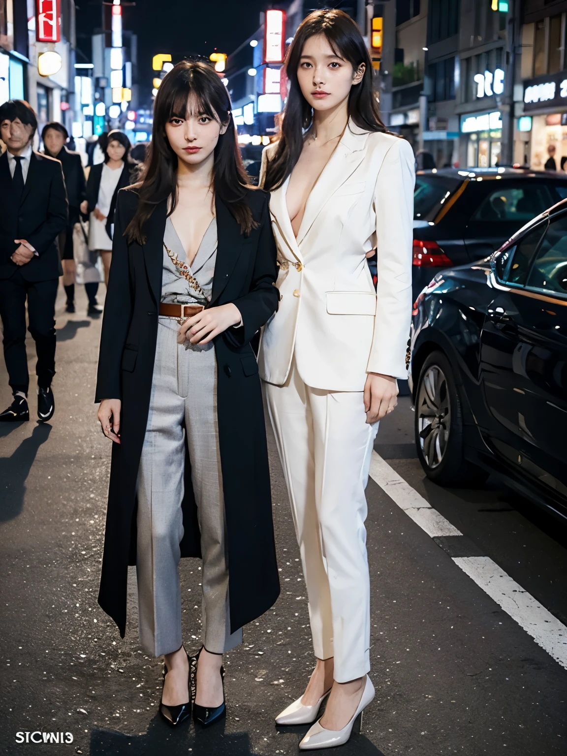 (8k, Best Quality, Masterpiece, Realistic, Photorealistic, Ultra Detailed:1.3), (5girls, group shot, pretty Japanese), (suit jacket, skinny pantsuit:1.3), Smile, (gigantic breasts, cleavage:1.2), (naked, topless:1.3), (crowd), bangs, navel, (narrow waist, full body, thin long legs, high heels:1.3), necklace, wristwatch, bag, dynamic posing,
