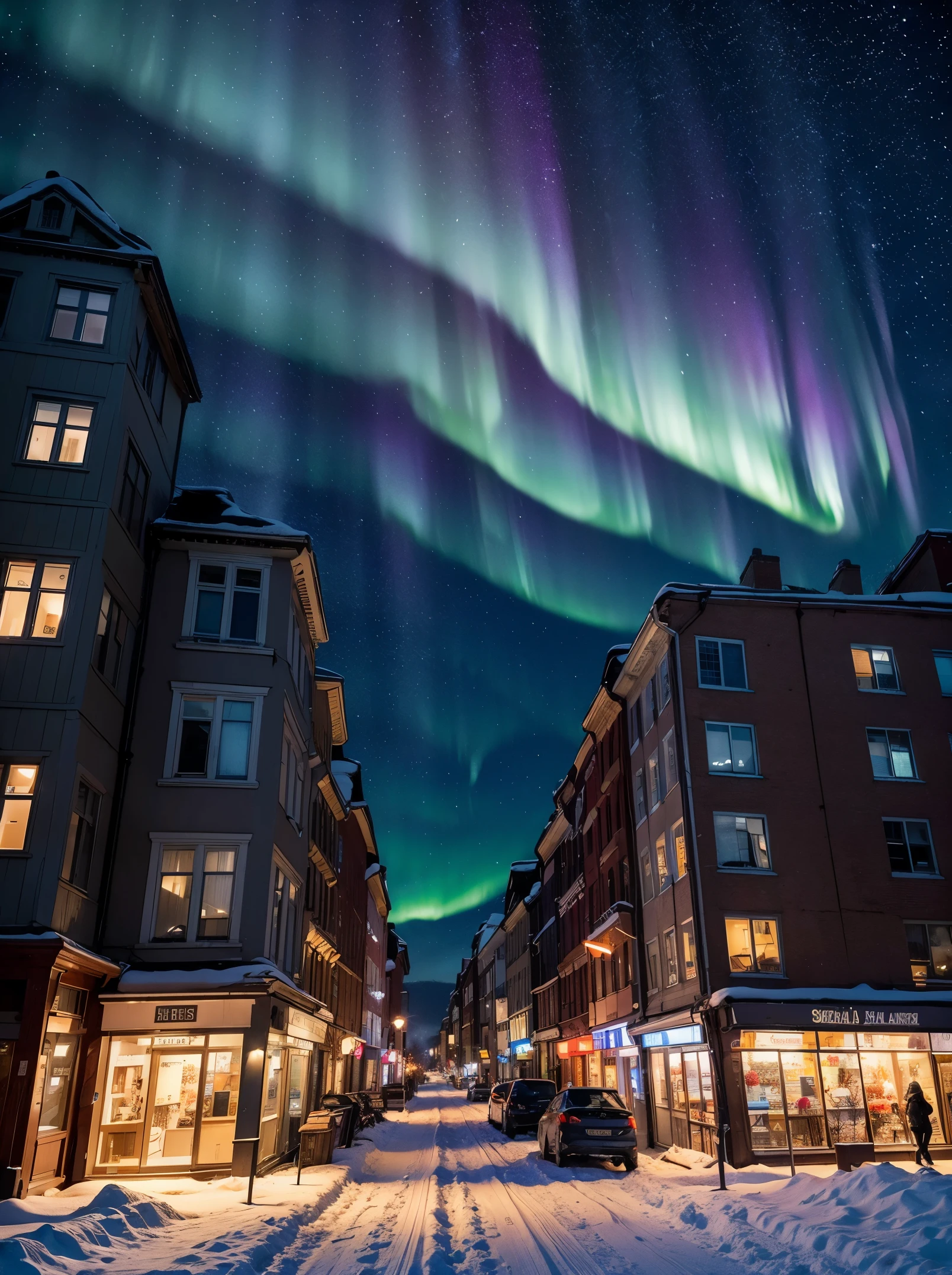 Masterpiece, ultra detailed. Create a city street scene on a snowy day, starry night sky, northern lights. the buildings tinted with soft blue hues. Falling snow. Blurry foreground, from ground.