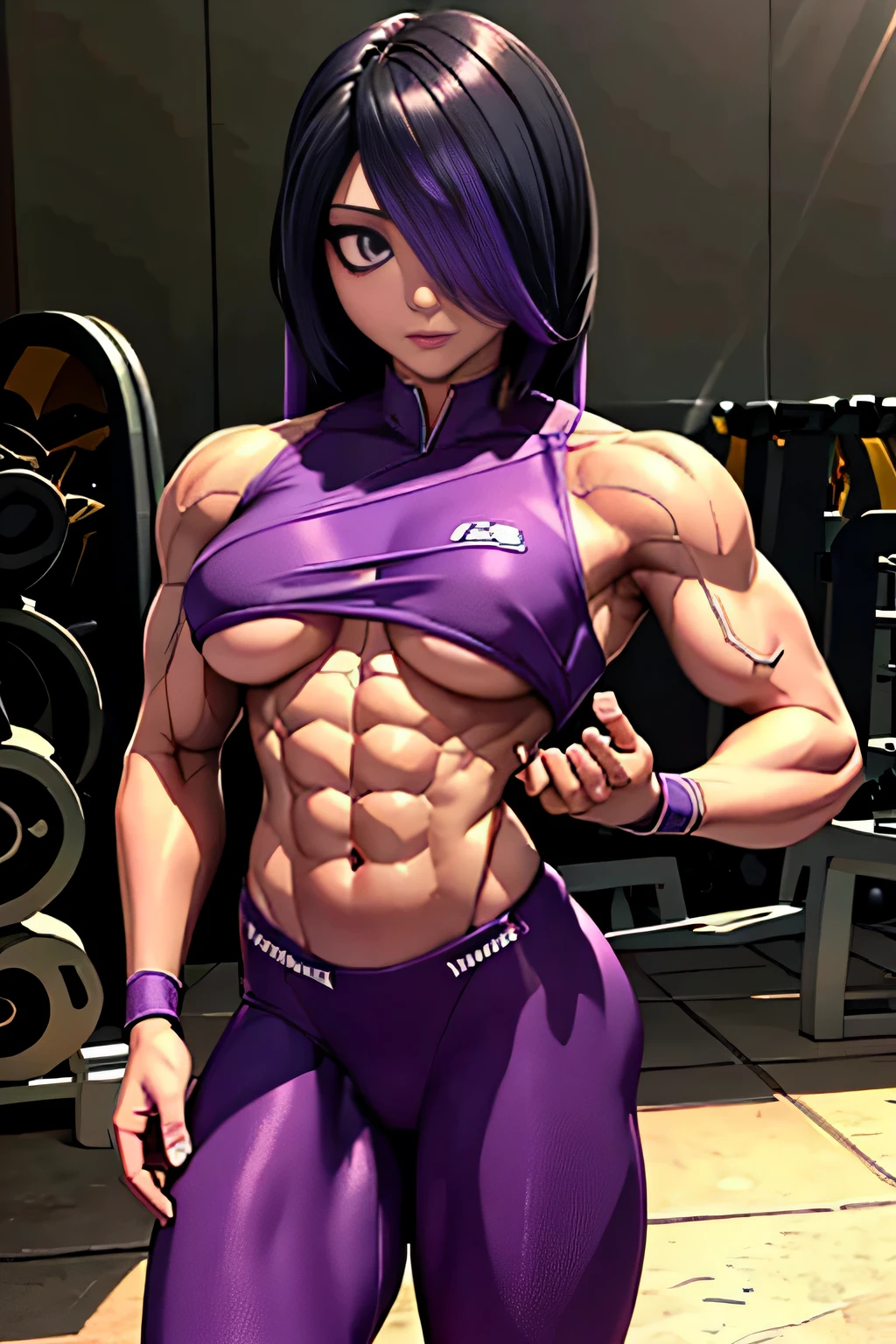 high contrast, (8K UHD:1.2), (photorealistic:1.2),(masterpiece:1.4), (best quality:1.4),extremely detailed wallpaper, highly detailed illustrations, ((1 Girl)) , (super-complex details) official art, unity 8k wallpaper, ultra detailed, beautiful and aesthetic, masterpiece, best quality, ( zentangle, mandala, tangle, entangle), (fractal art:1.3) , masterpiece, , intricate detail,((bulking)),covered body upper body,(body builder:1.7), muscular, bob hair, busty, sexy, curvy, upper , raised hand, armpit, masterpiece, best quality, high quality, high definition, high quality texture, high quality shadow, high detail, beautiful detailed, fine detailed, extremely detailed cg, detailed texture, a realistic representation of the face, realistic, colorful , delicate, cinematic light, side light, Lens Flare, Ray Tracing, tailed beautiful delicate face, detailed beautiful delicate eyes, mature female, long hair, bored, pompadour cut, muscular, toned, navel, ripped abs, thick thighs, broad shoulders, big arm muscles, meaty leg muscles, thick eyelashes, makeup, (( black and purple hair, black-full-top, purple-pajama)), ((showing her back and big ass)).