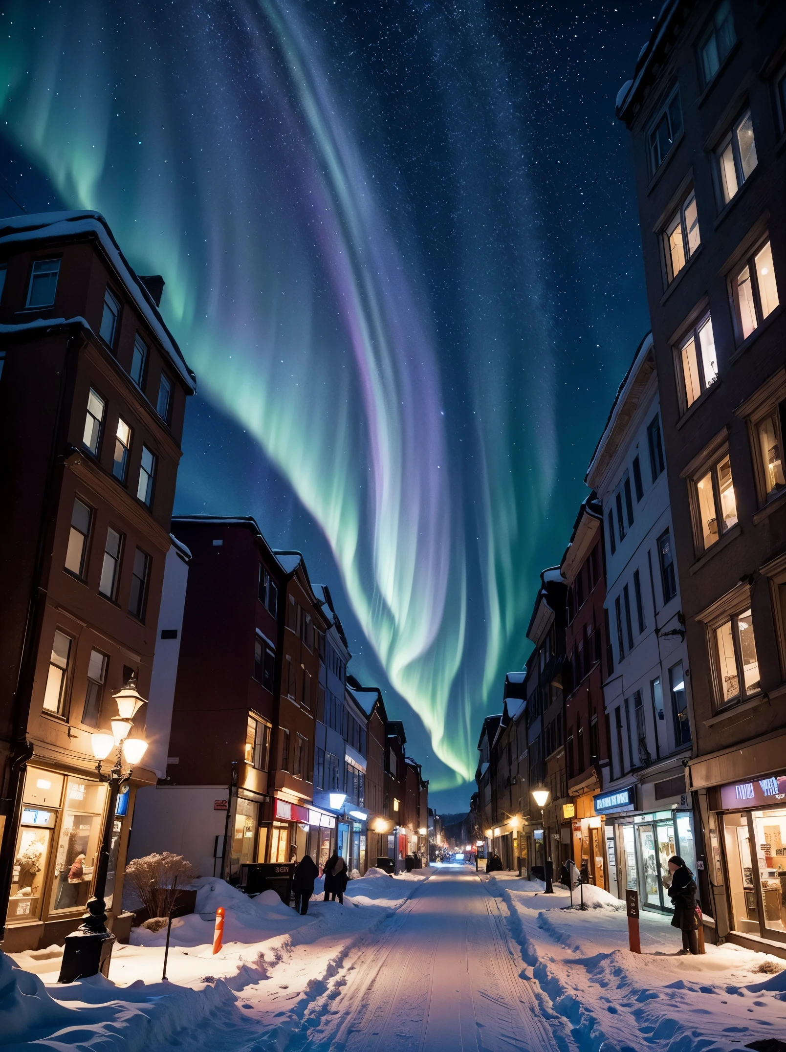 Masterpiece, ultra detailed. Create a city street scene on a snowy day, starry night sky, northern lights. the buildings tinted with soft blue hues. Falling snow. Blurry foreground, from ground.